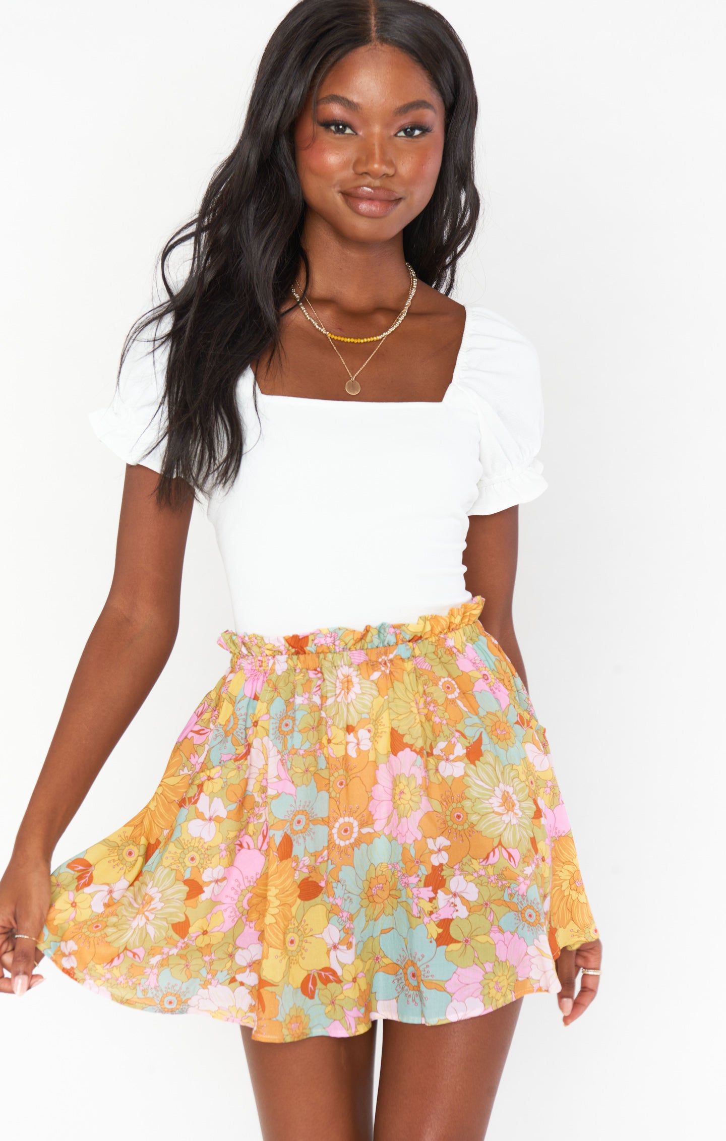 Floral Swing Skirt with Ruffled Trim & Elastic Waist | Groovy Blooms