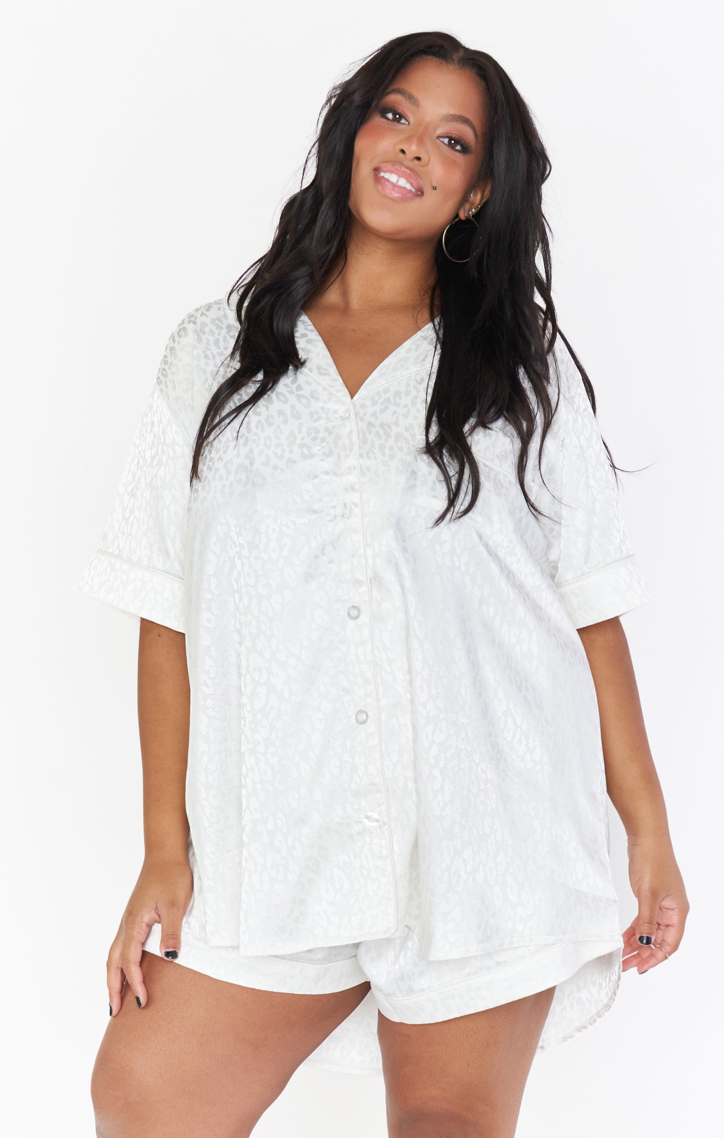 White Cheetah Silky Pajama Set with Collar & Pockets | Slumber PJs
