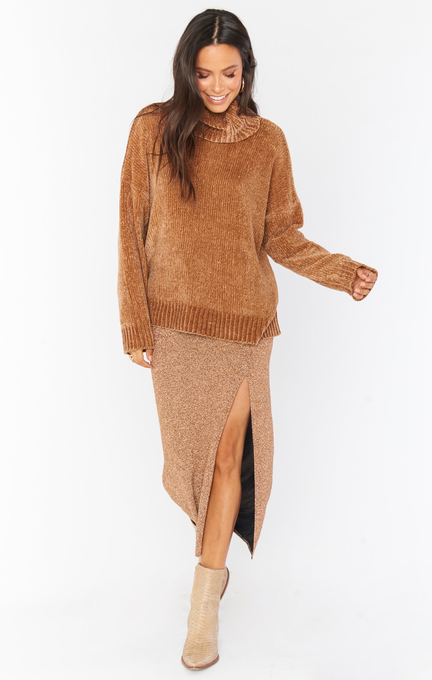 Gold Midi Skirt with Side Slit & Elastic Waistband | Miracle Shimmy Shine