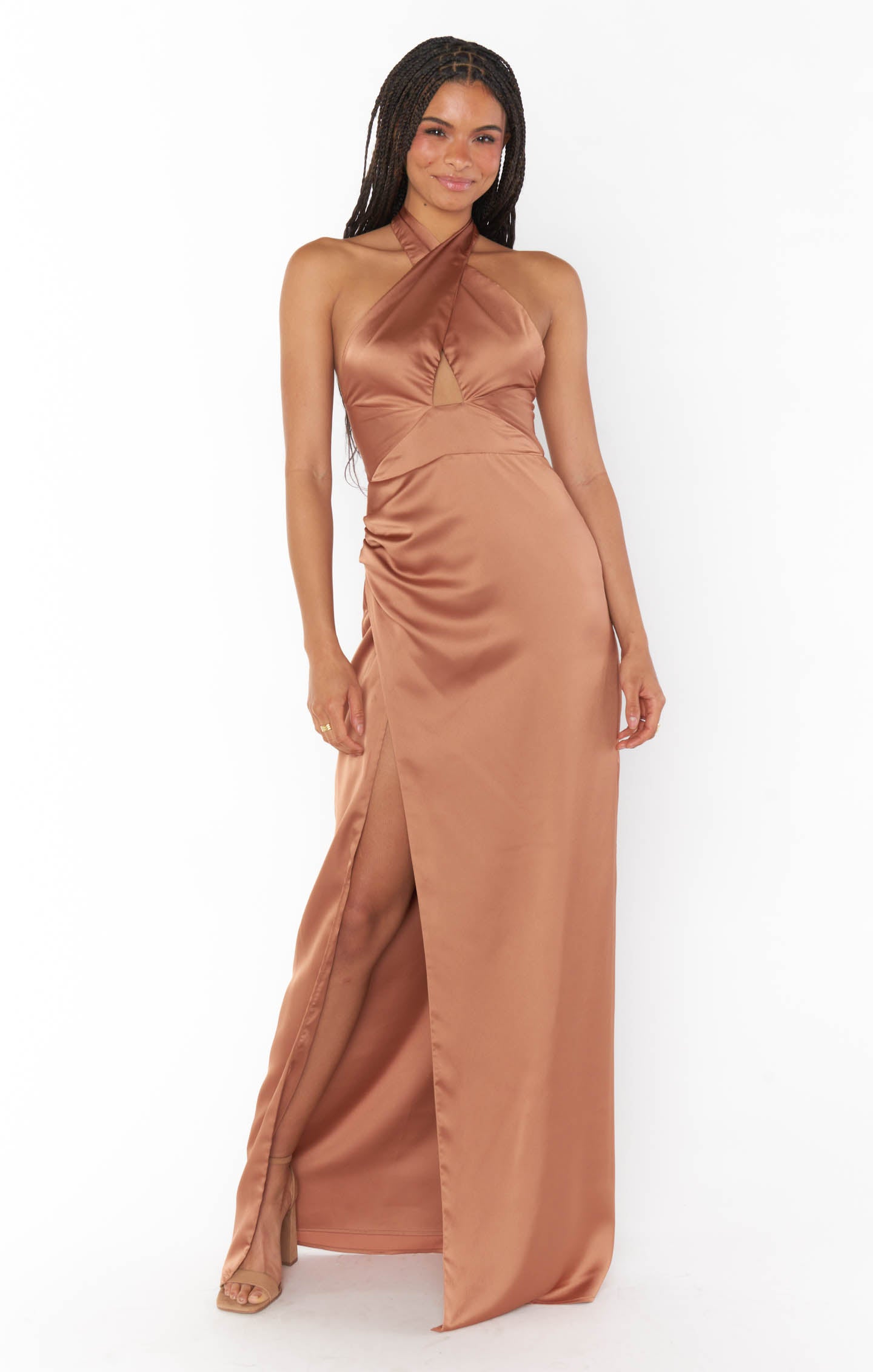 Copper Satin Halter Maxi Dress | Adele Backless Evening Gown