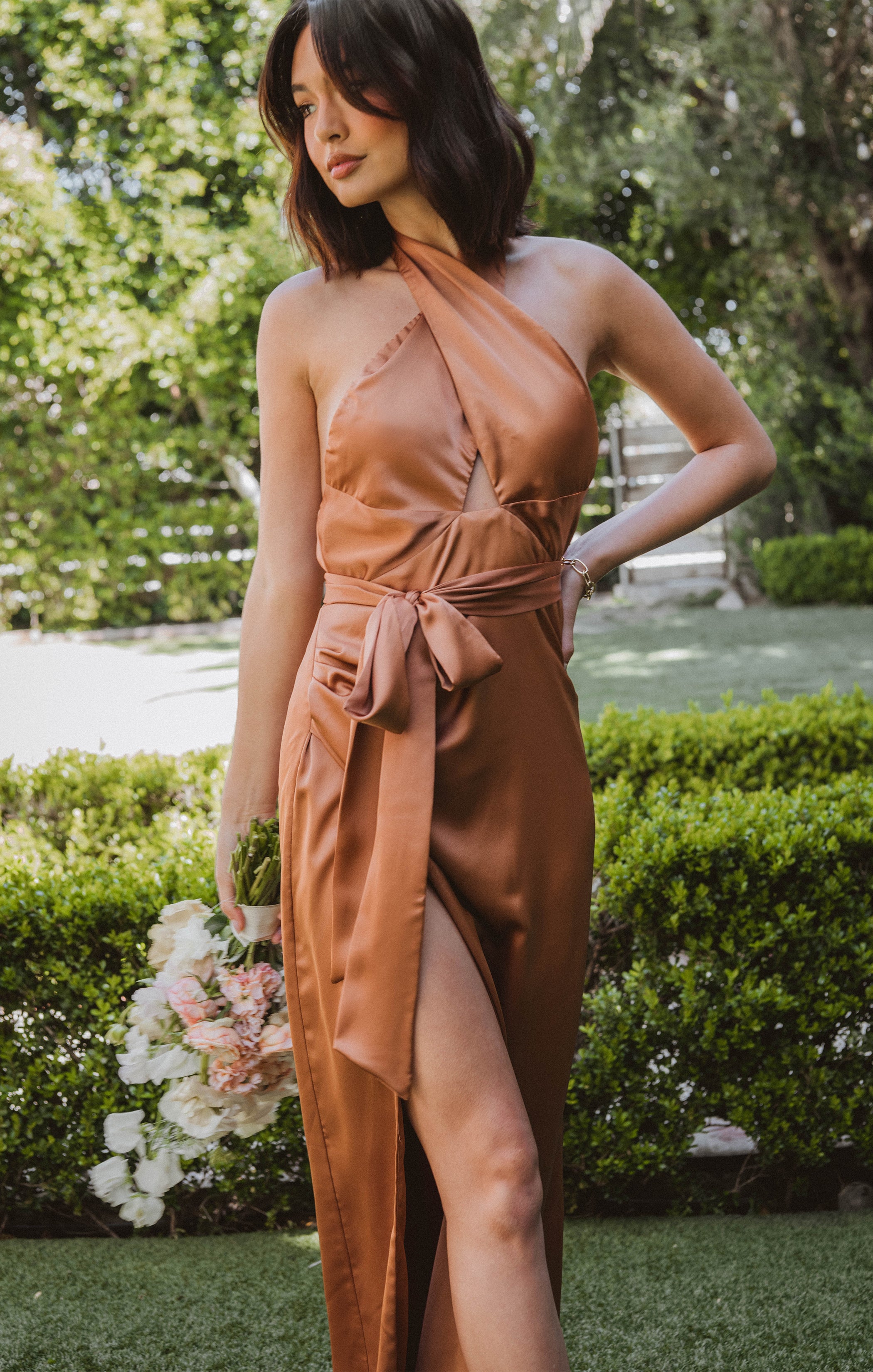 Copper Satin Halter Maxi Dress | Adele Backless Evening Gown