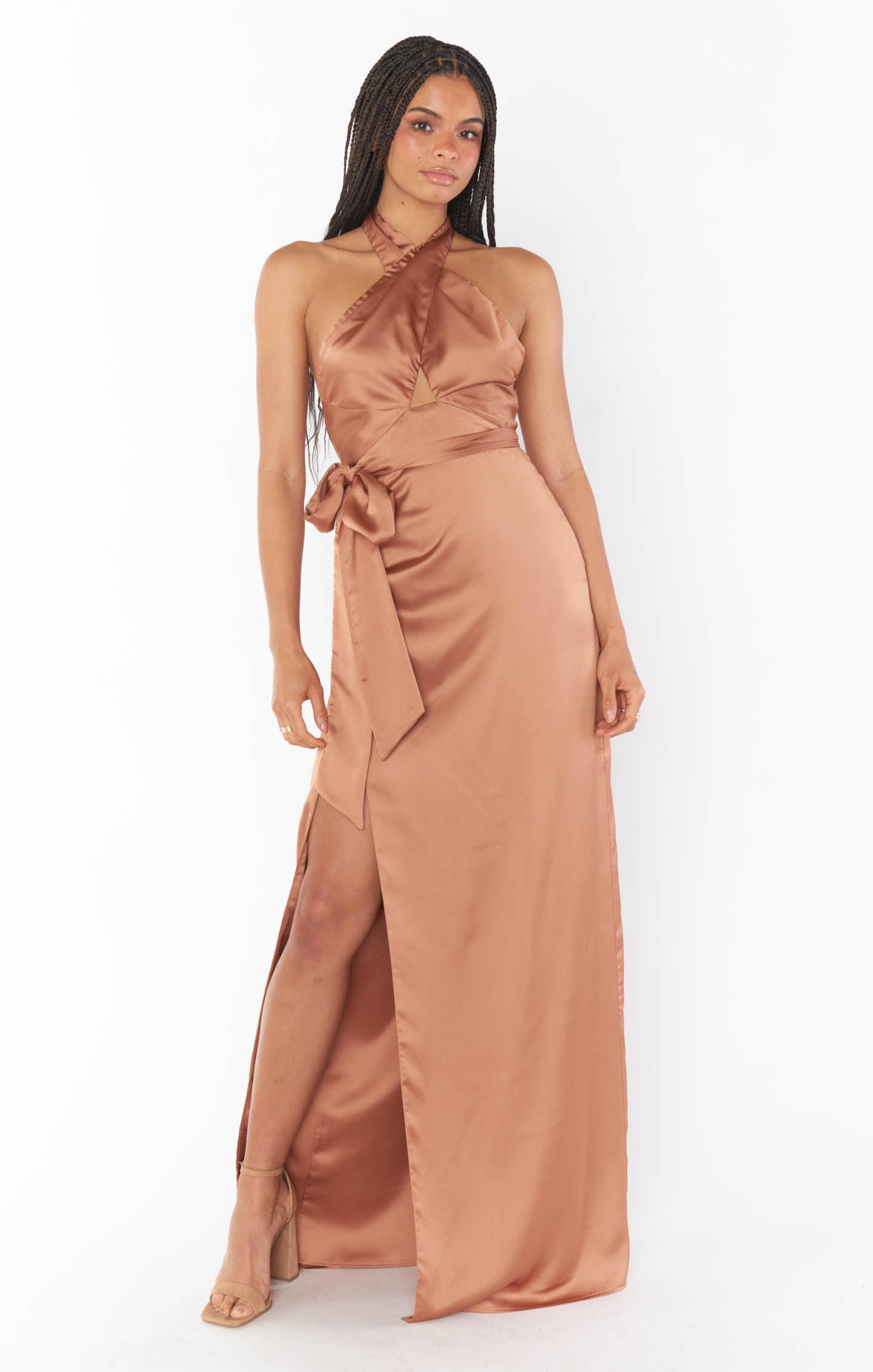 Copper Satin Halter Maxi Dress | Adele Backless Evening Gown