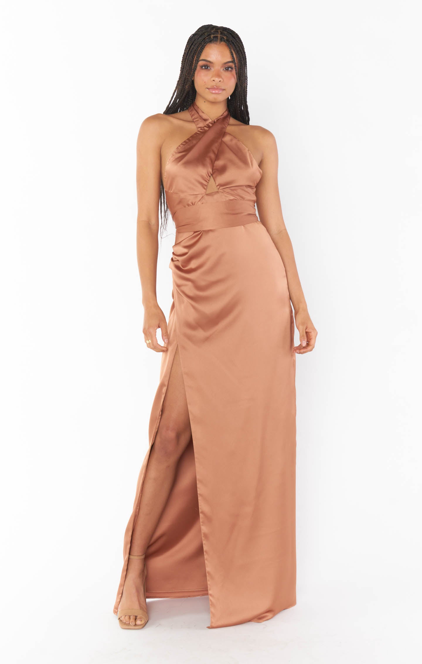 Copper Satin Halter Maxi Dress | Adele Backless Evening Gown