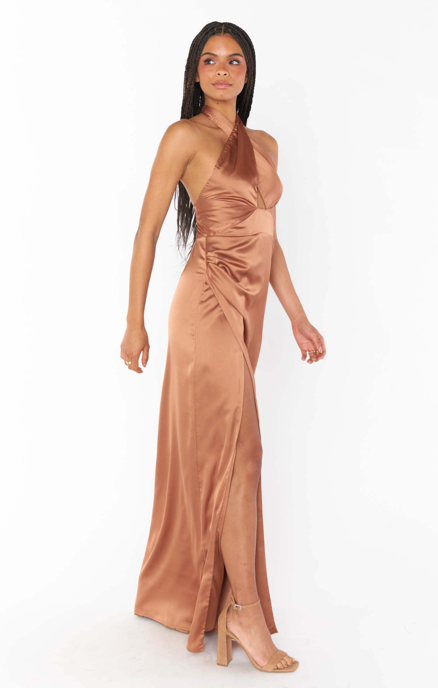 Copper Satin Halter Maxi Dress | Adele Backless Evening Gown