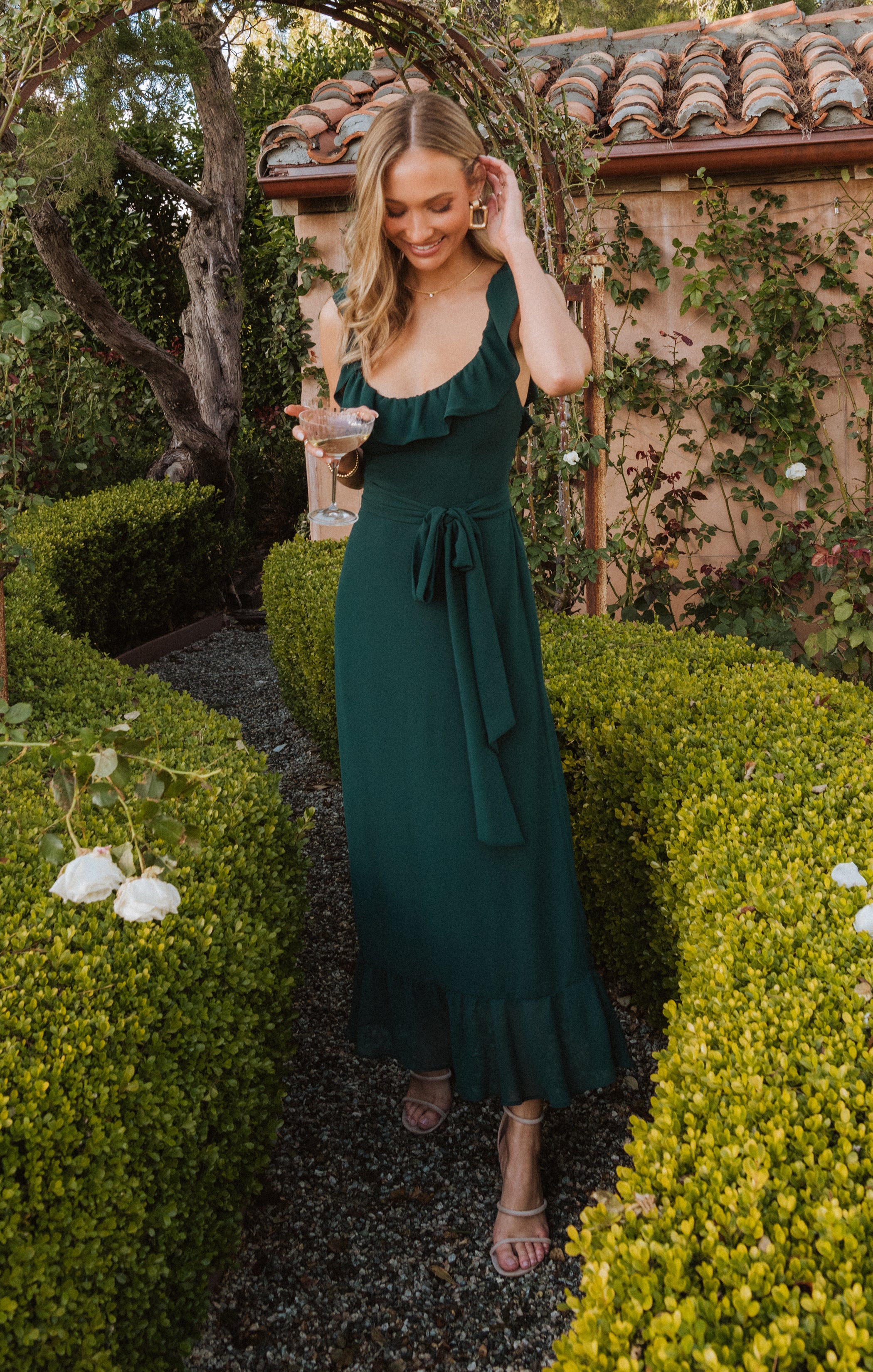 Emerald Chiffon Midi Dress with Ruffles & Smocked Back | Alexis