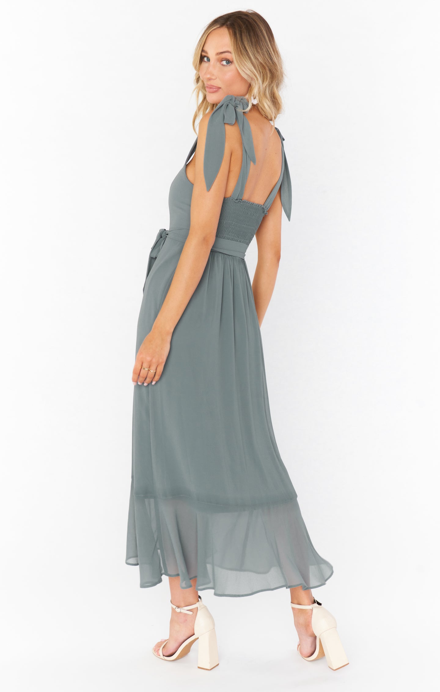 Square Neck Midi Dress with Smocked Back & Detachable Sash | Claire