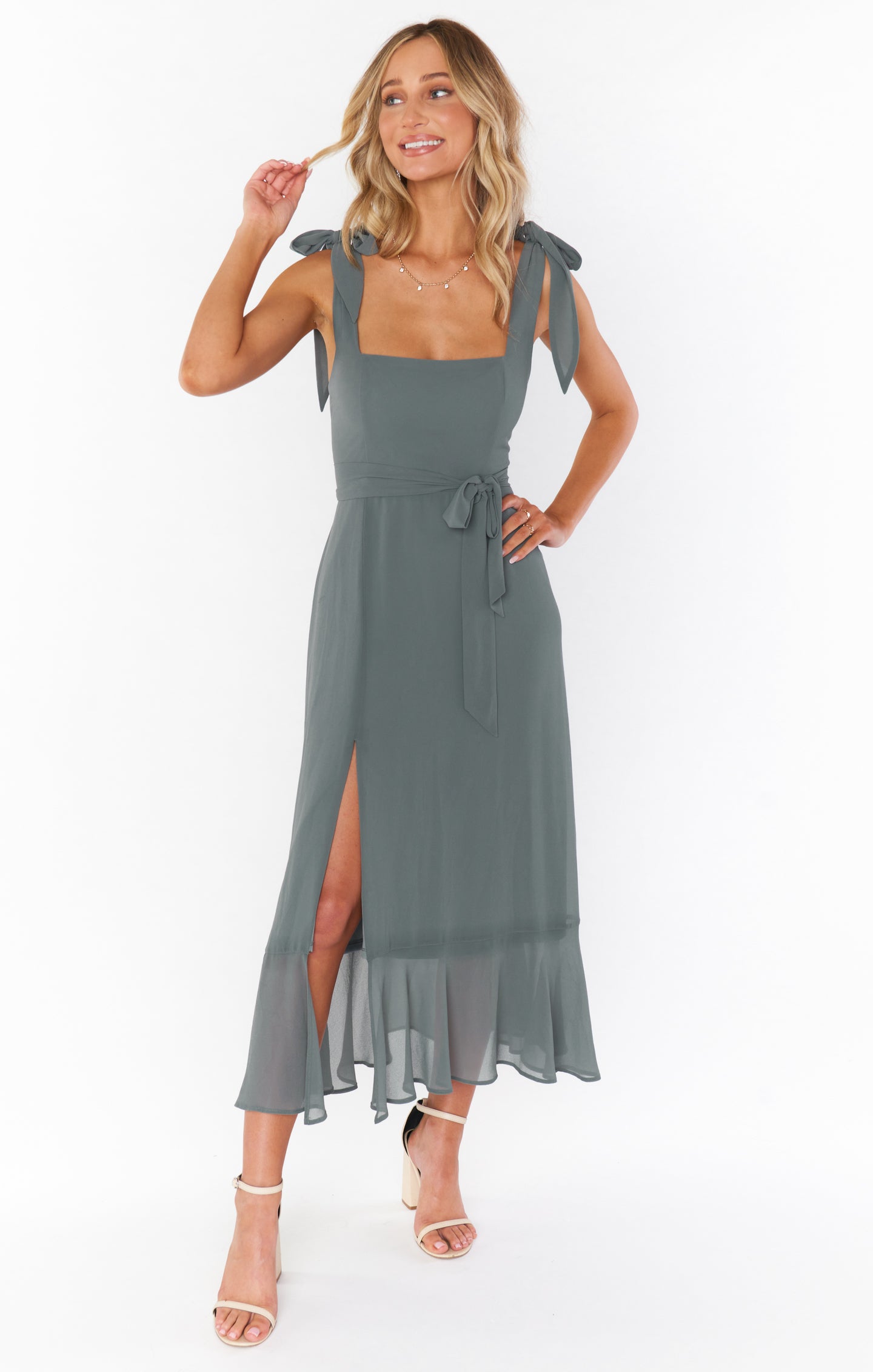 Square Neck Midi Dress with Smocked Back & Detachable Sash | Claire