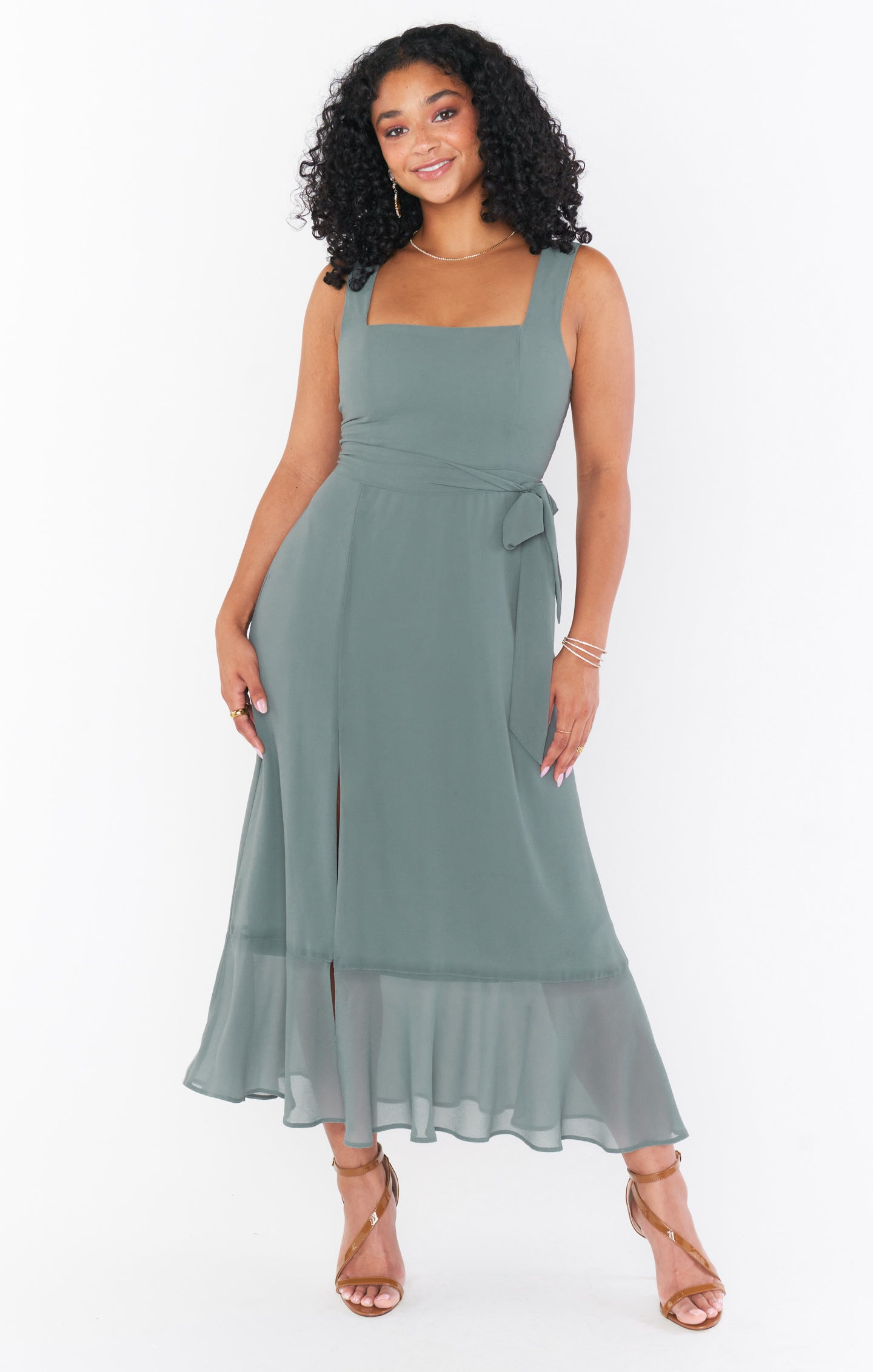 Square Neck Midi Dress with Smocked Back & Detachable Sash | Claire