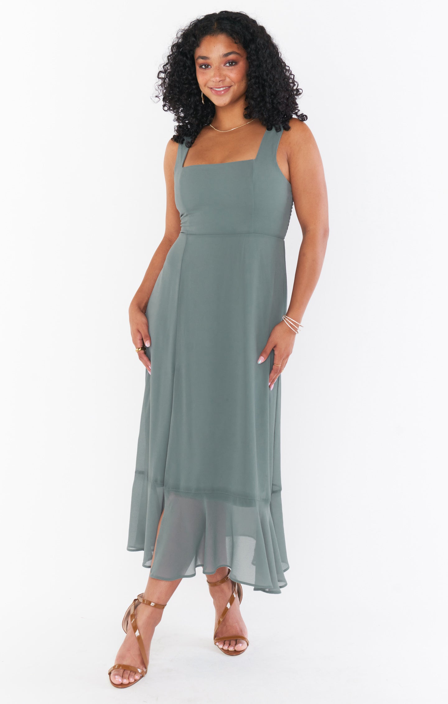 Square Neck Midi Dress with Smocked Back & Detachable Sash | Claire