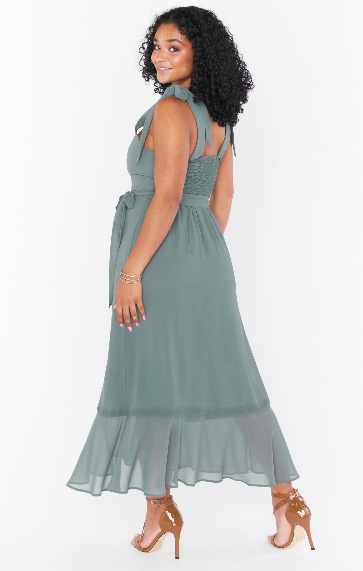 Square Neck Midi Dress with Smocked Back & Detachable Sash | Claire