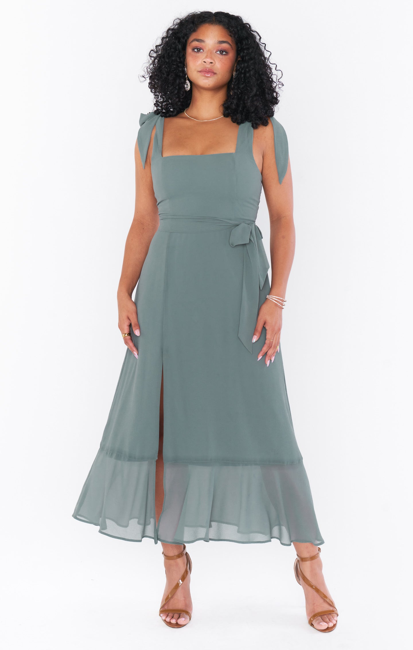 Square Neck Midi Dress with Smocked Back & Detachable Sash | Claire
