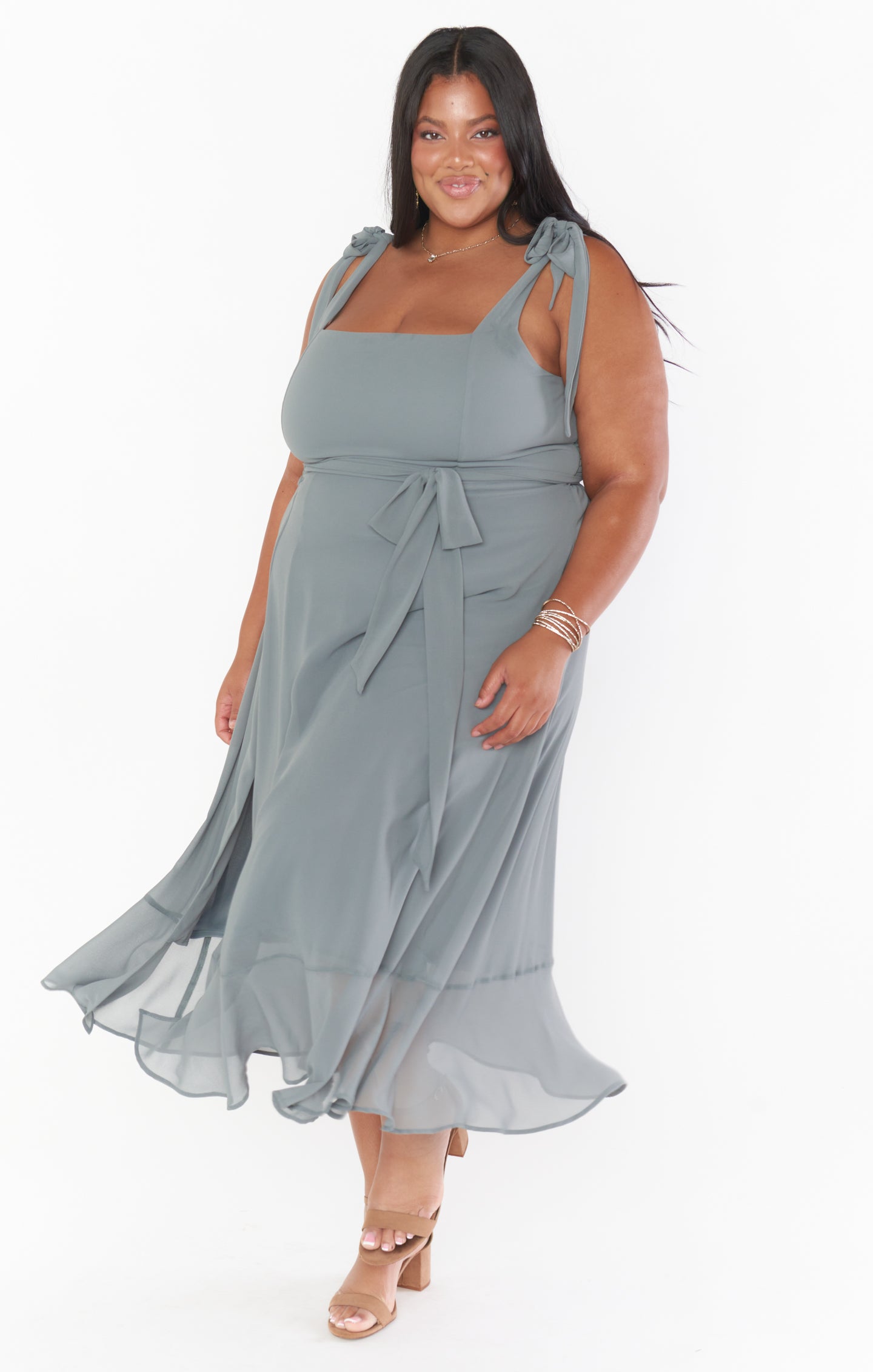 Square Neck Midi Dress with Smocked Back & Detachable Sash | Claire