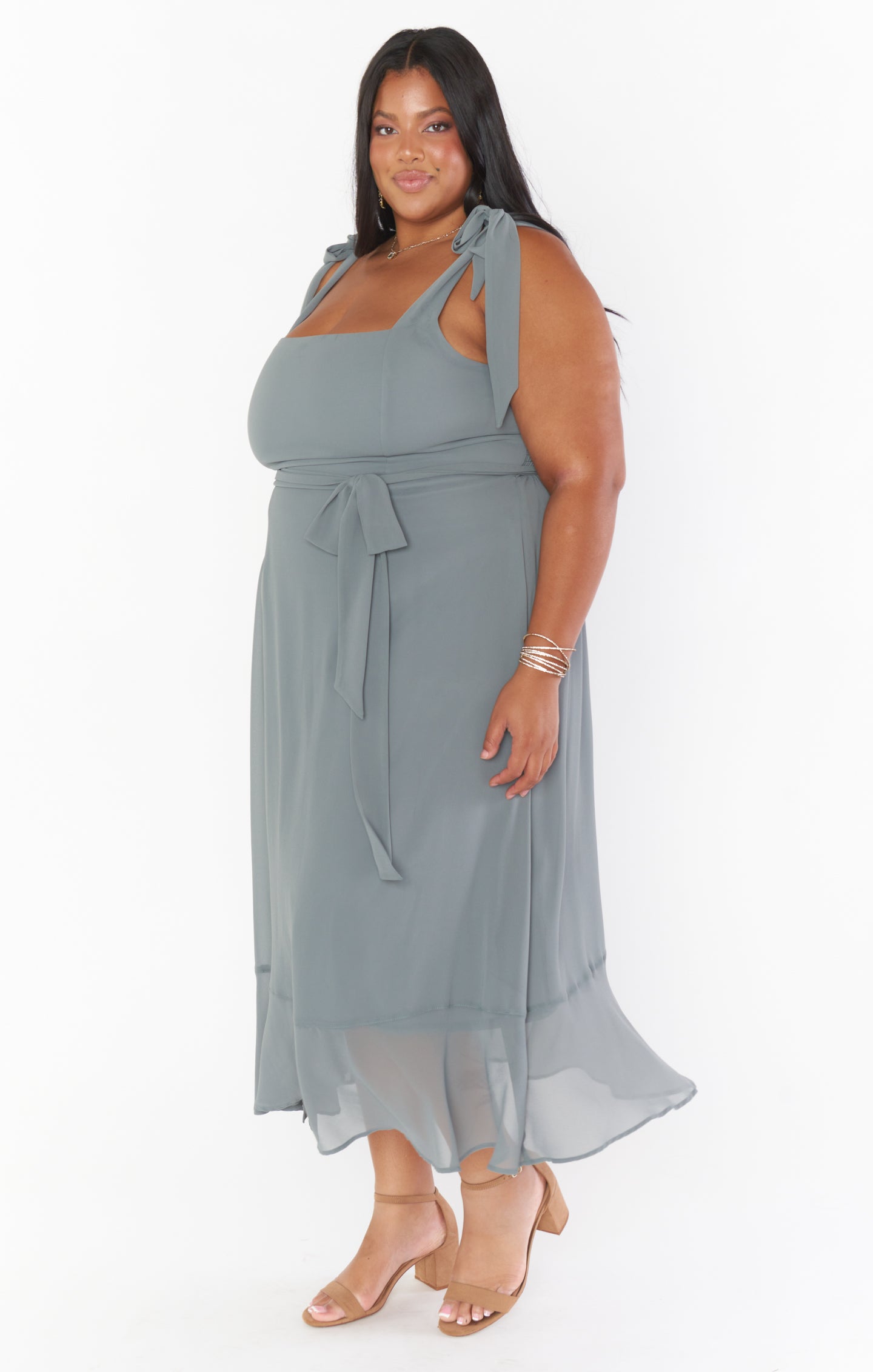 Square Neck Midi Dress with Smocked Back & Detachable Sash | Claire