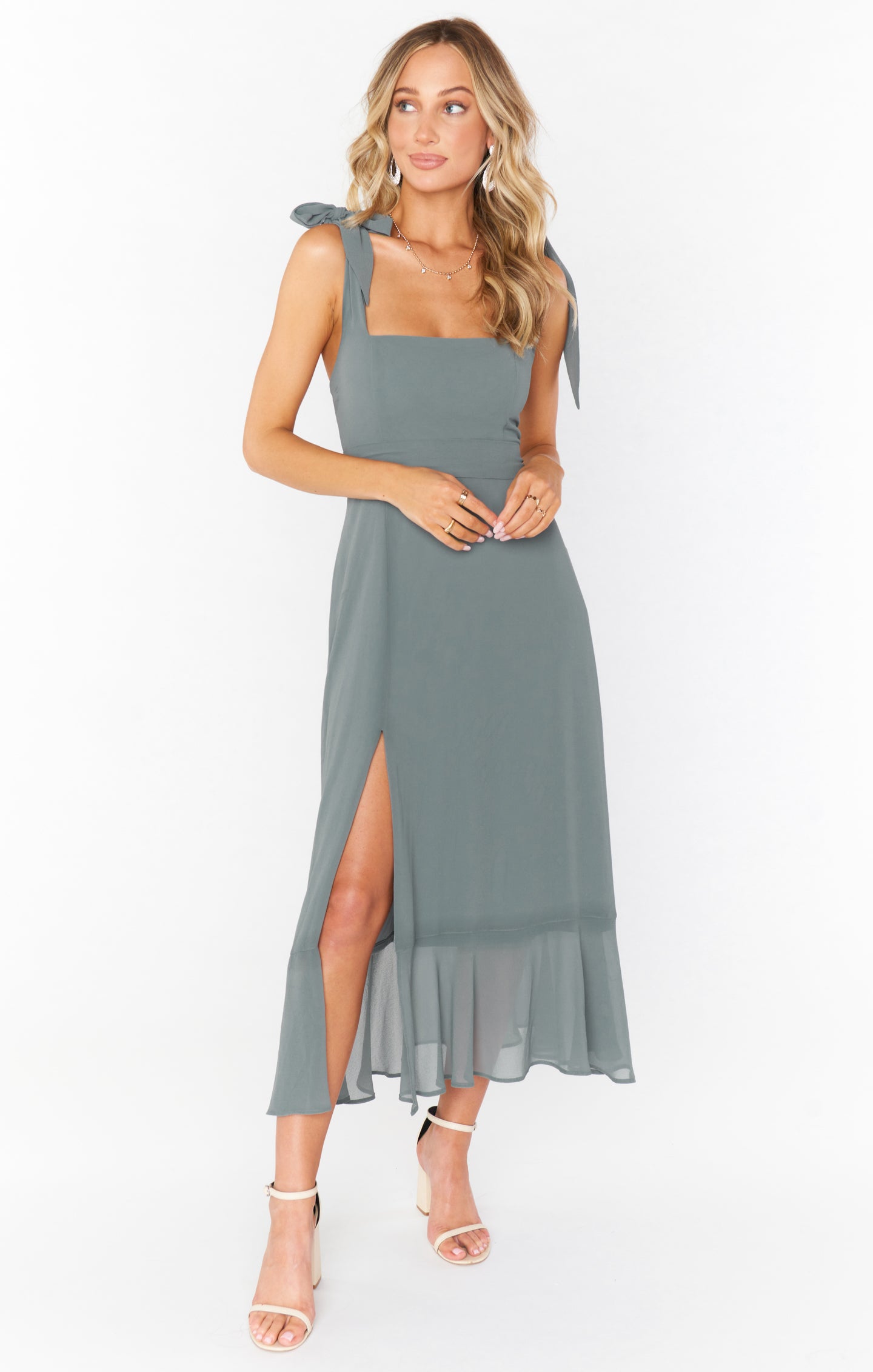 Square Neck Midi Dress with Smocked Back & Detachable Sash | Claire
