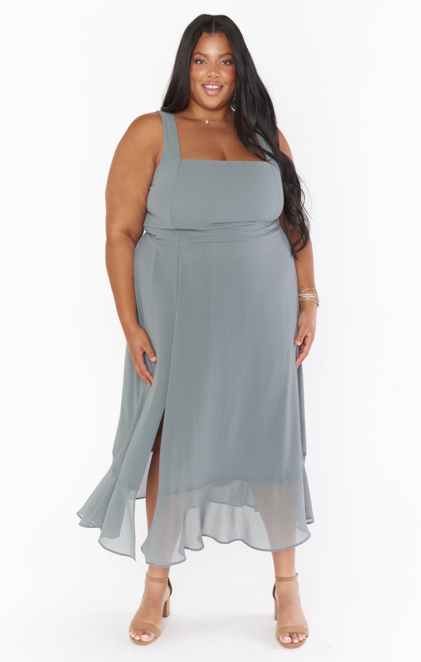 Square Neck Midi Dress with Smocked Back & Detachable Sash | Claire