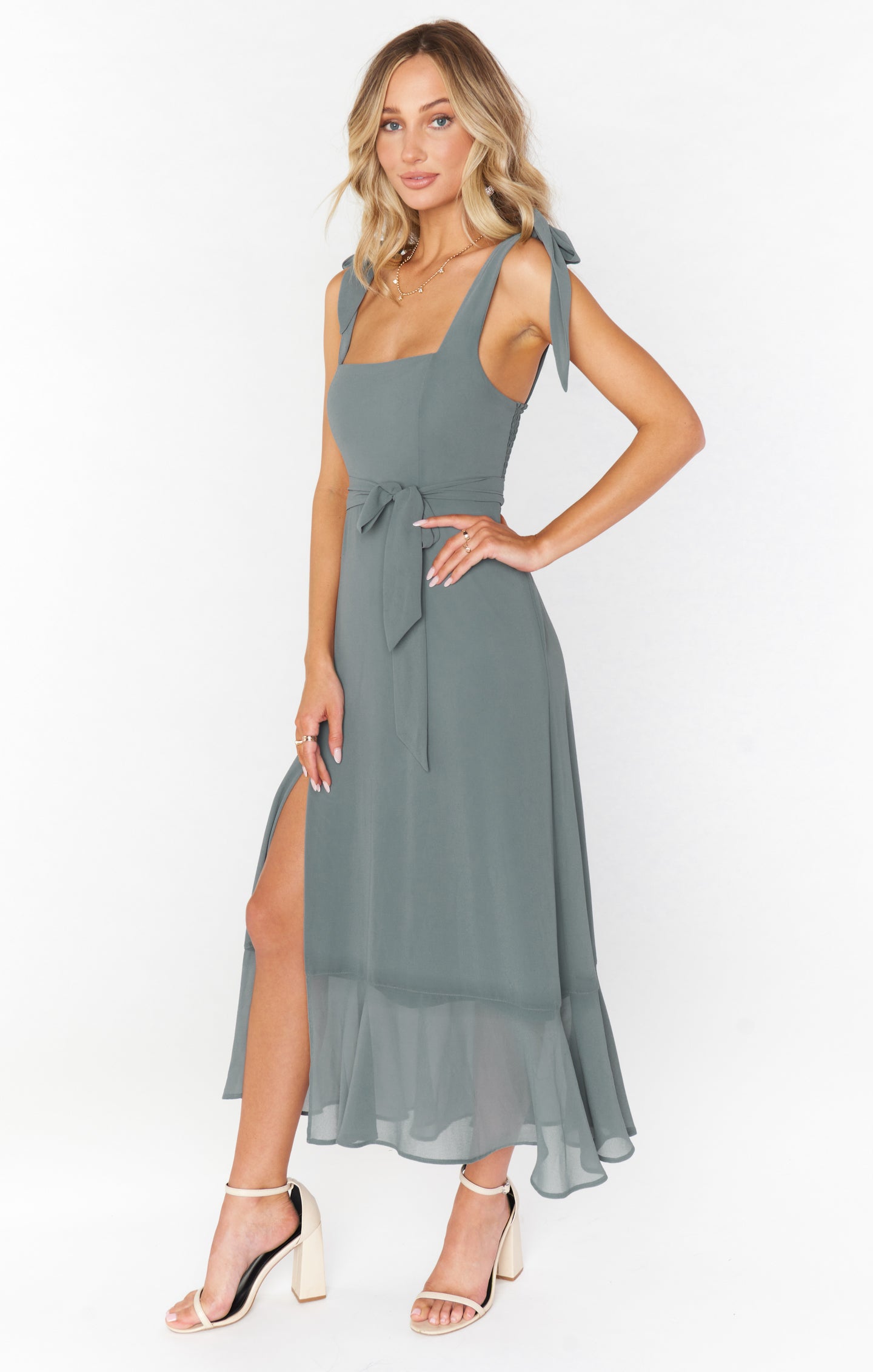 Square Neck Midi Dress with Smocked Back & Detachable Sash | Claire