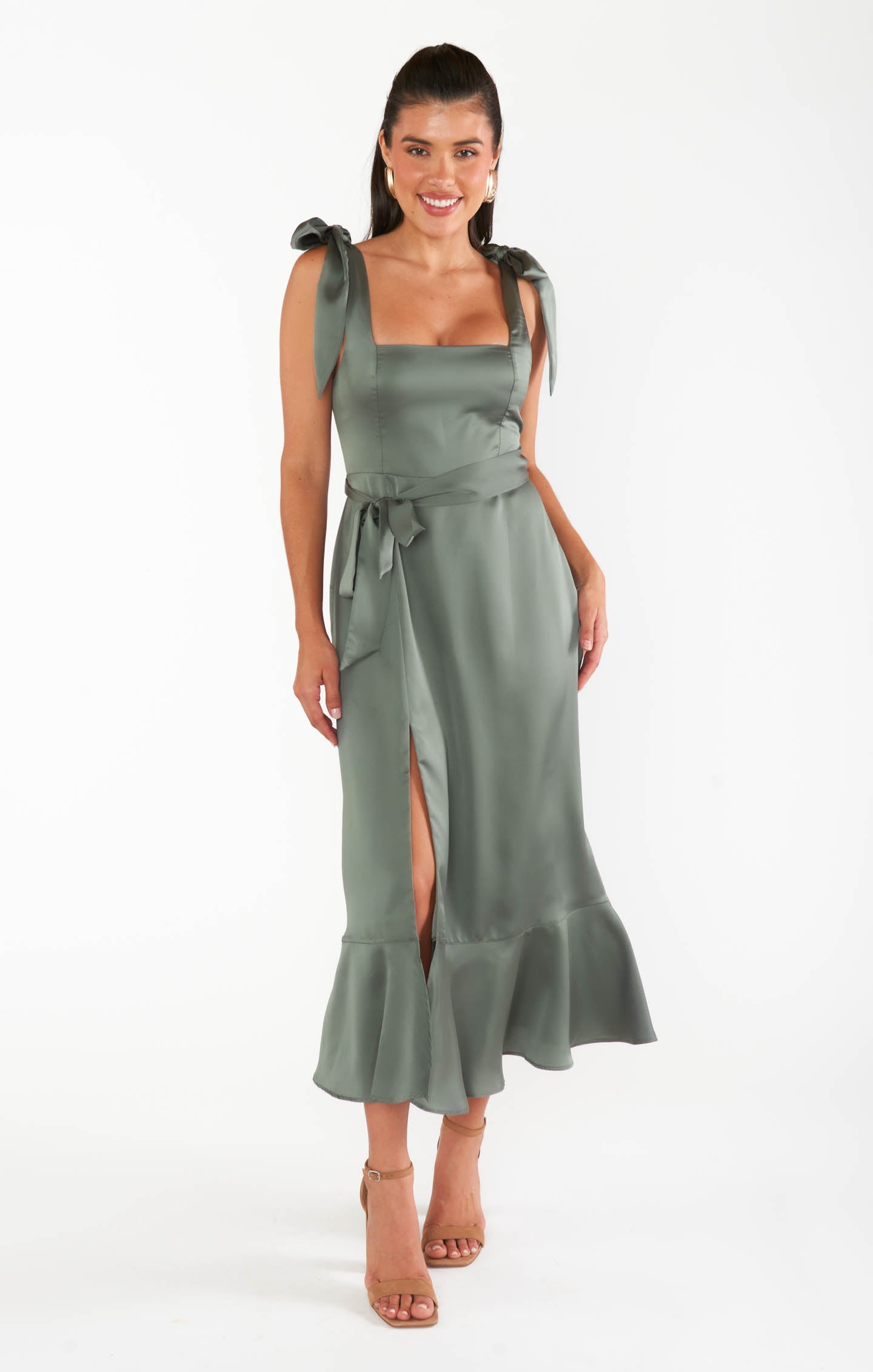 Square Neck Midi Dress with Smocked Back & Side Slit | Claire Deep Sage