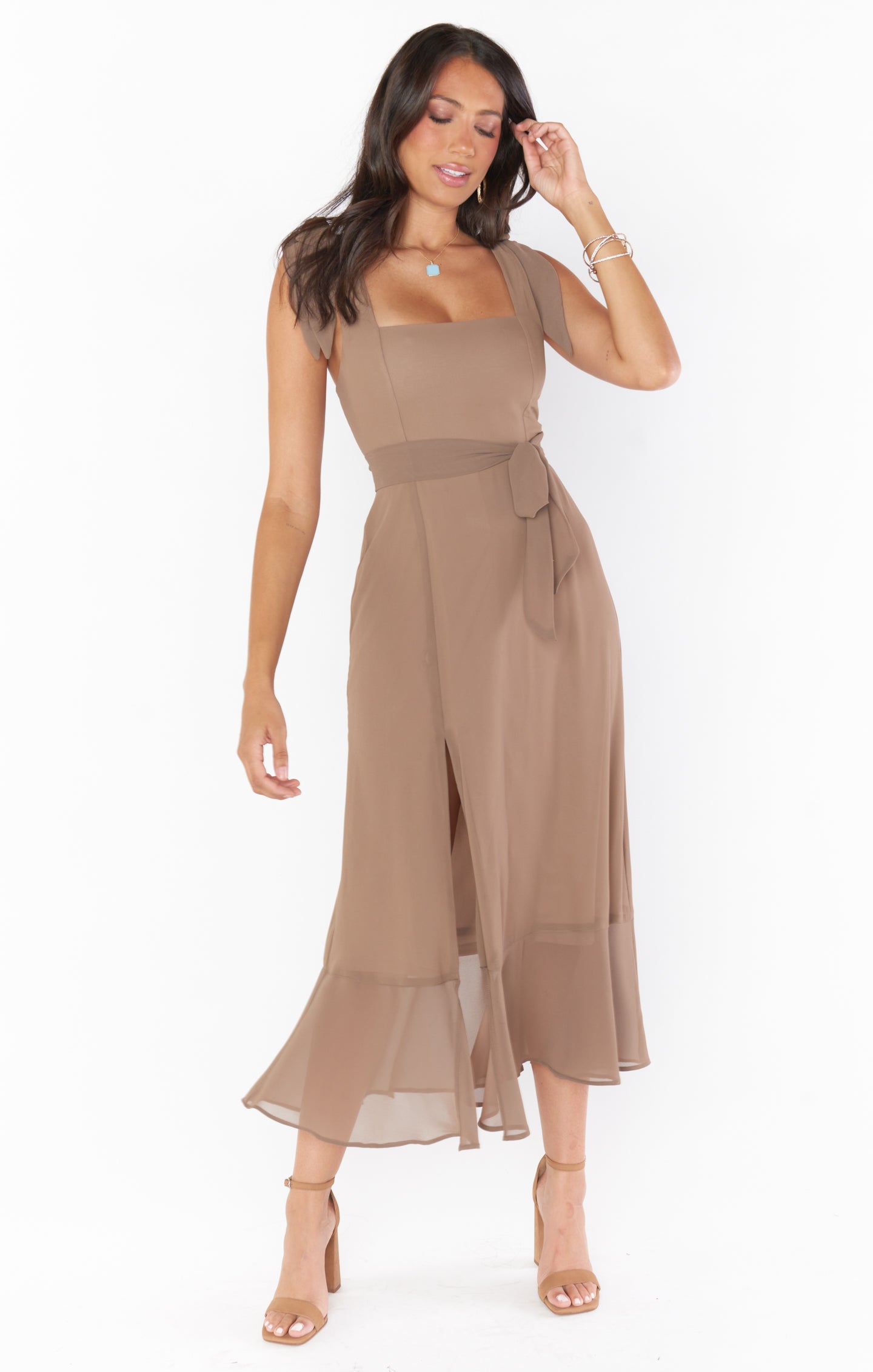 Square Neck Midi Dress with Smocked Back & Detachable Sash | Claire Dune Chiffon