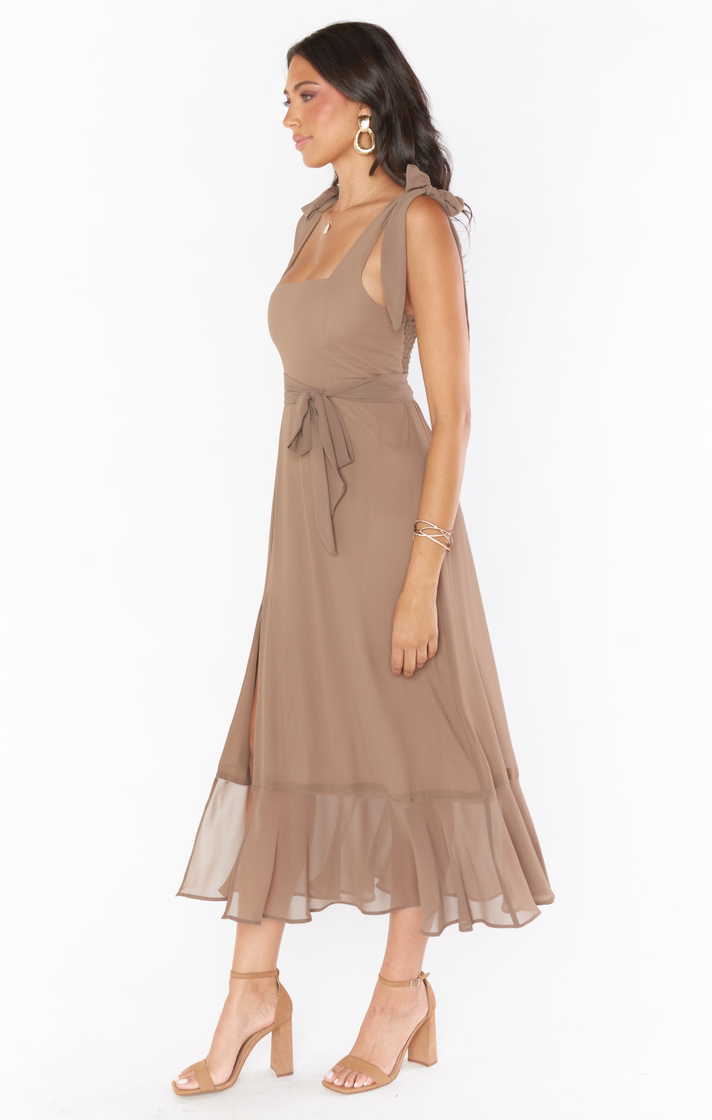 Square Neck Midi Dress with Smocked Back & Detachable Sash | Claire Dune Chiffon