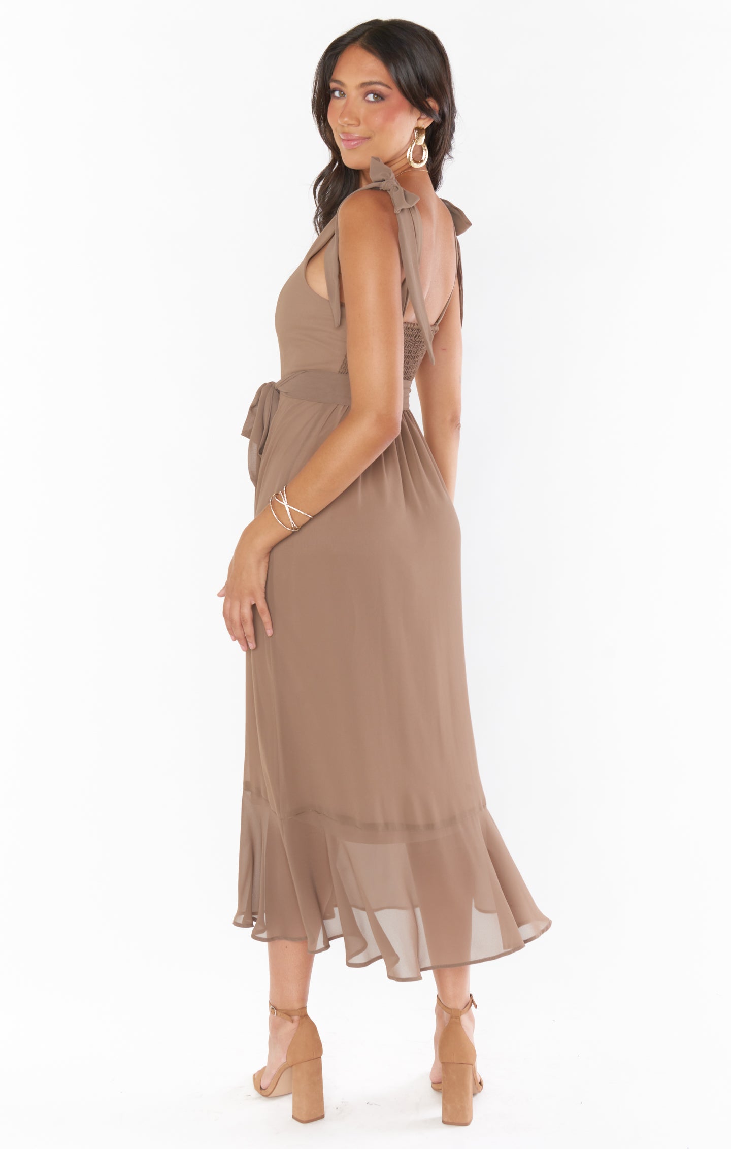 Square Neck Midi Dress with Smocked Back & Detachable Sash | Claire Dune Chiffon