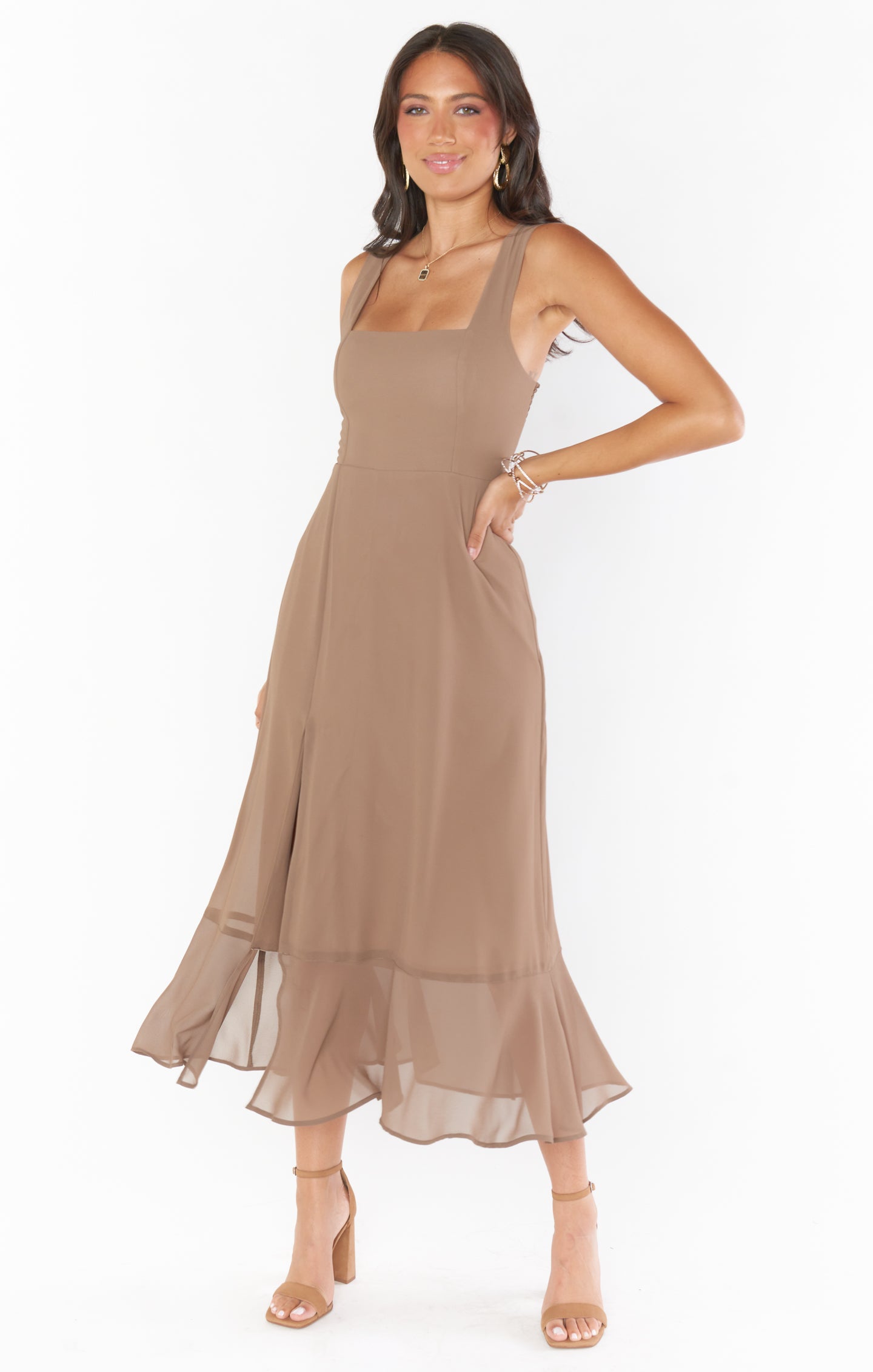 Square Neck Midi Dress with Smocked Back & Detachable Sash | Claire Dune Chiffon