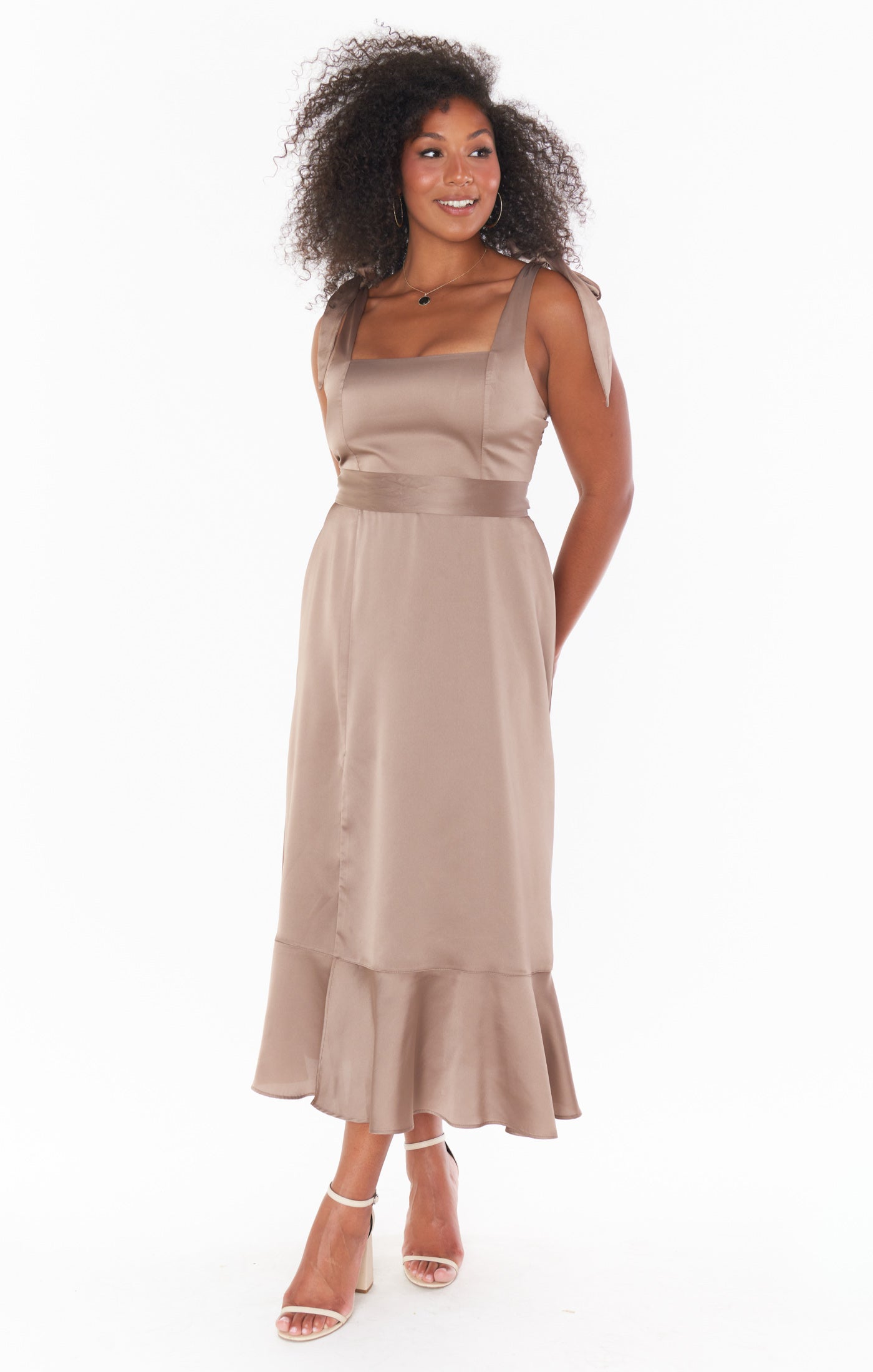 Square Neck Midi Dress with Smocked Back & Detachable Sash | Claire Dune Luxe Satin