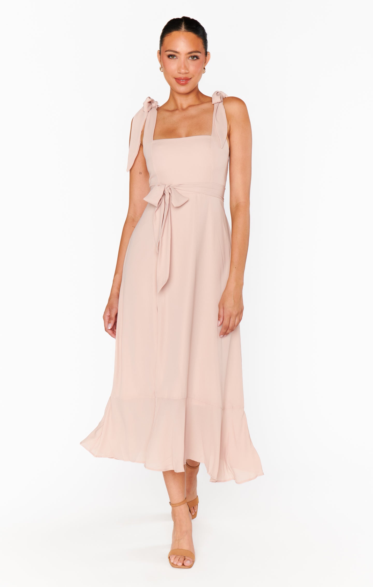 Square Neck Midi Dress with Smocked Back & Detachable Sash | Claire