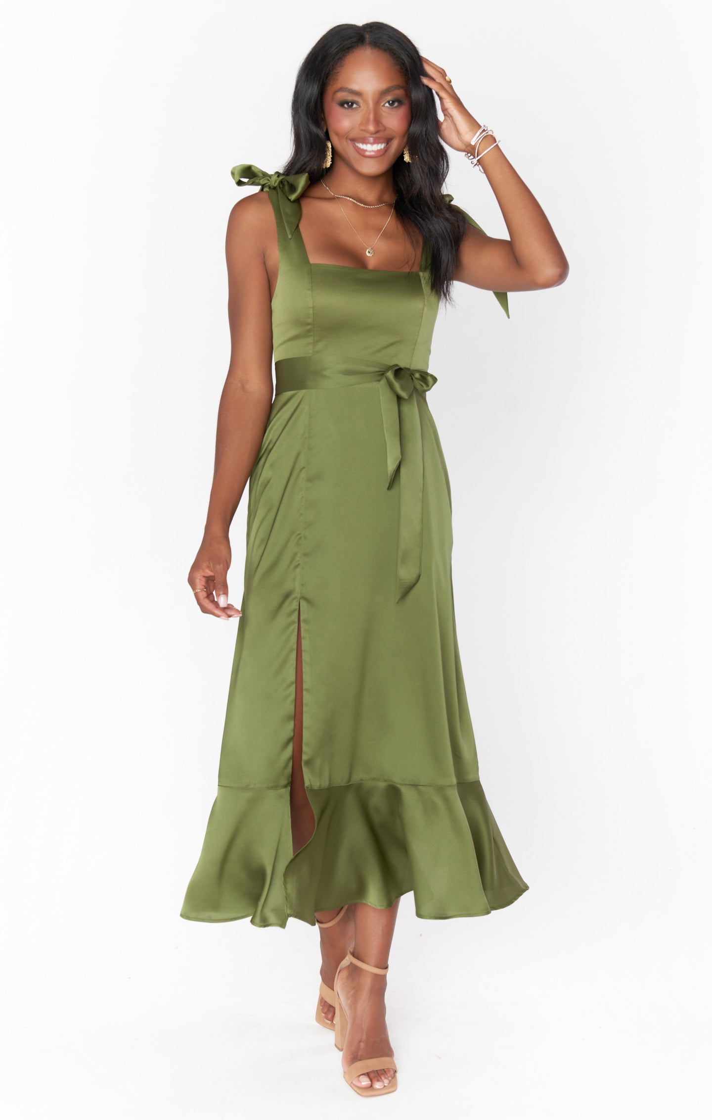 Square Neck Midi Dress with Smocked Back & Side Slit | Claire Dress