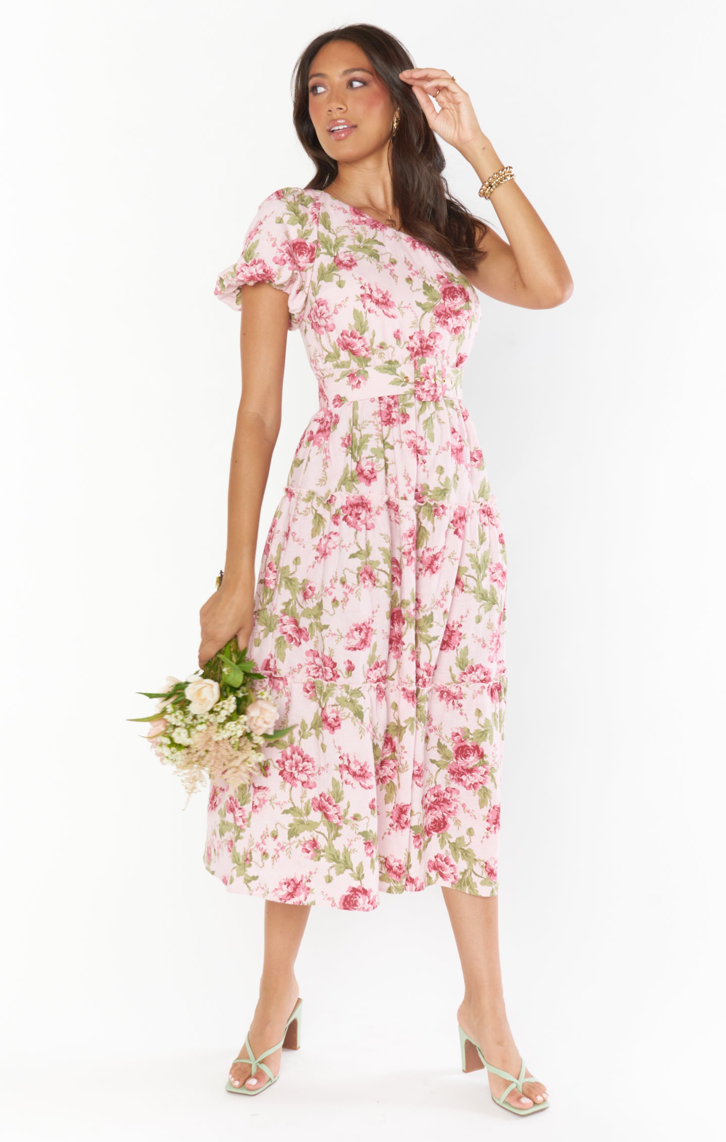 One Shoulder Blush Floral Midi Dress with Puff Sleeve | Deluca