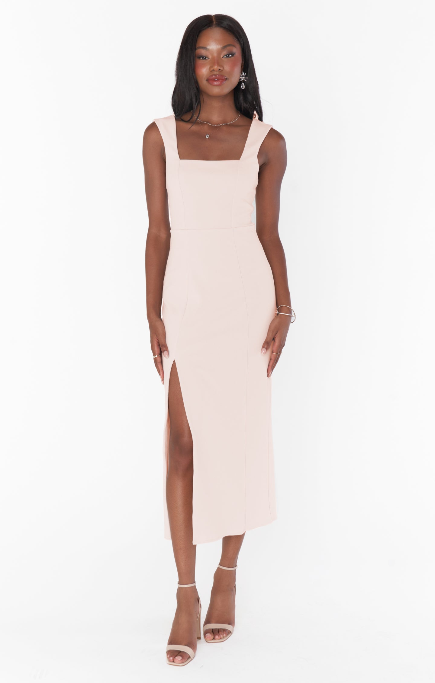 Fitted Midi Dress with Side Slit & Square Neck | Eden