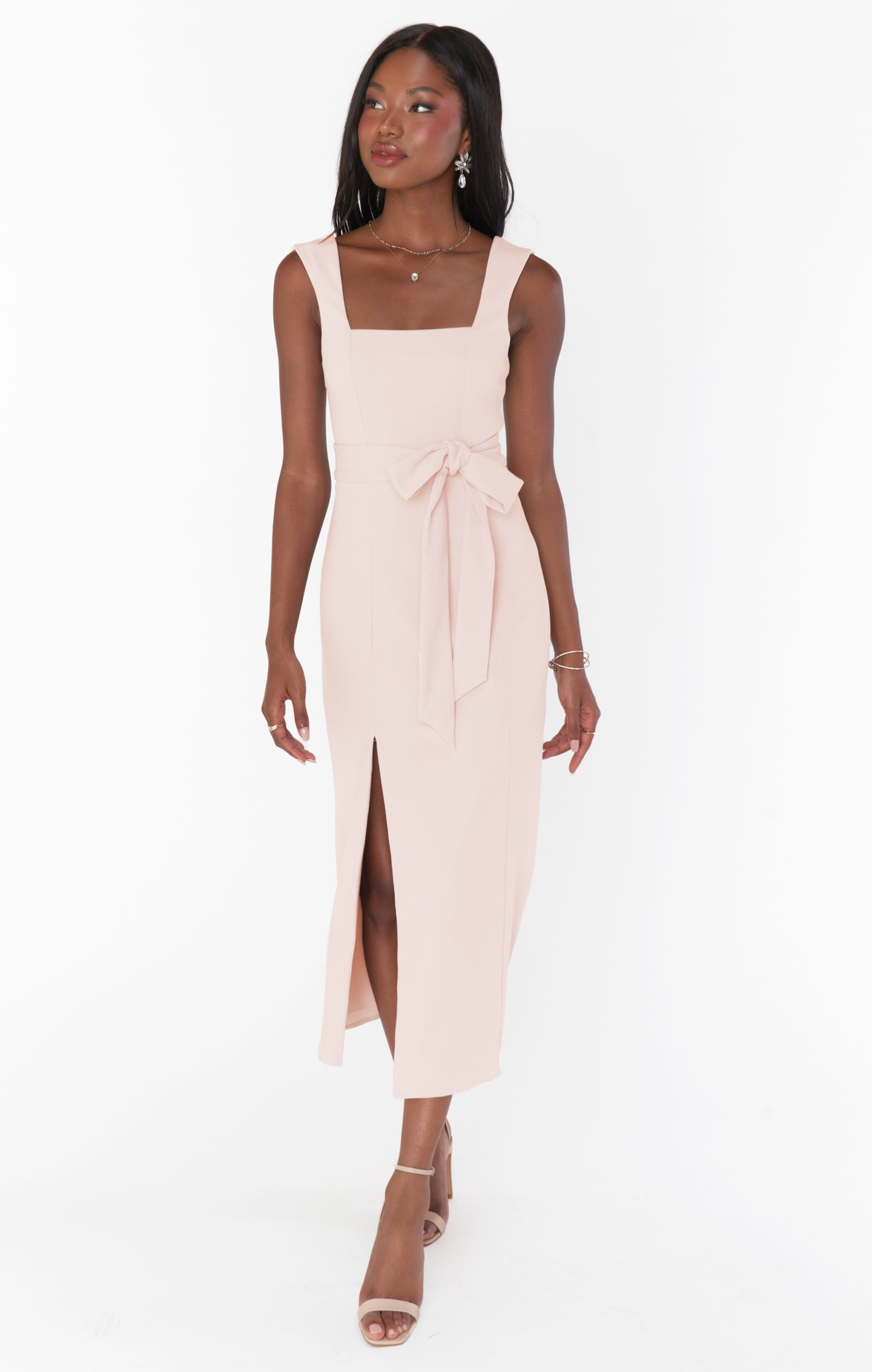 Fitted Midi Dress with Side Slit & Square Neck | Eden