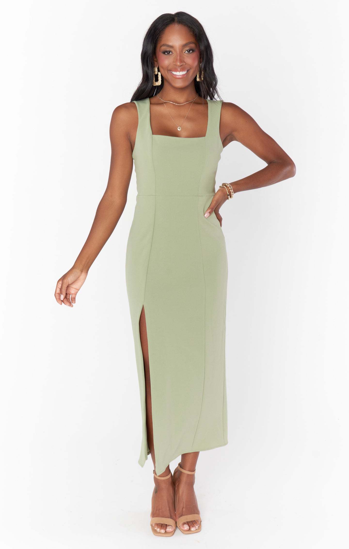 Moss Green Stretch Midi Dress with Side Slit | Eden