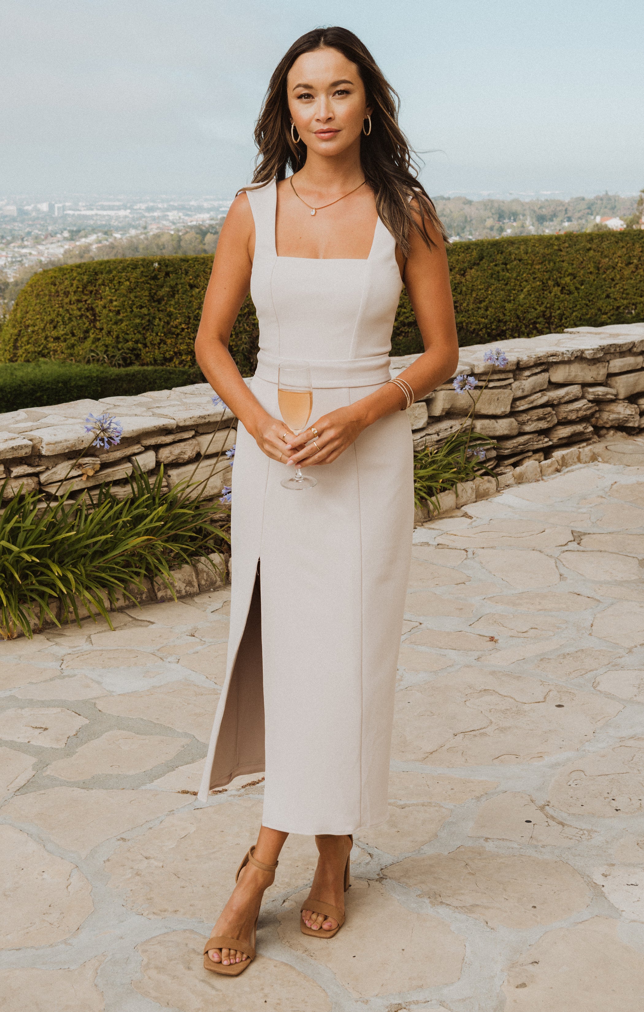 Fitted Midi Dress with Square Neck & Side Slit | Eden