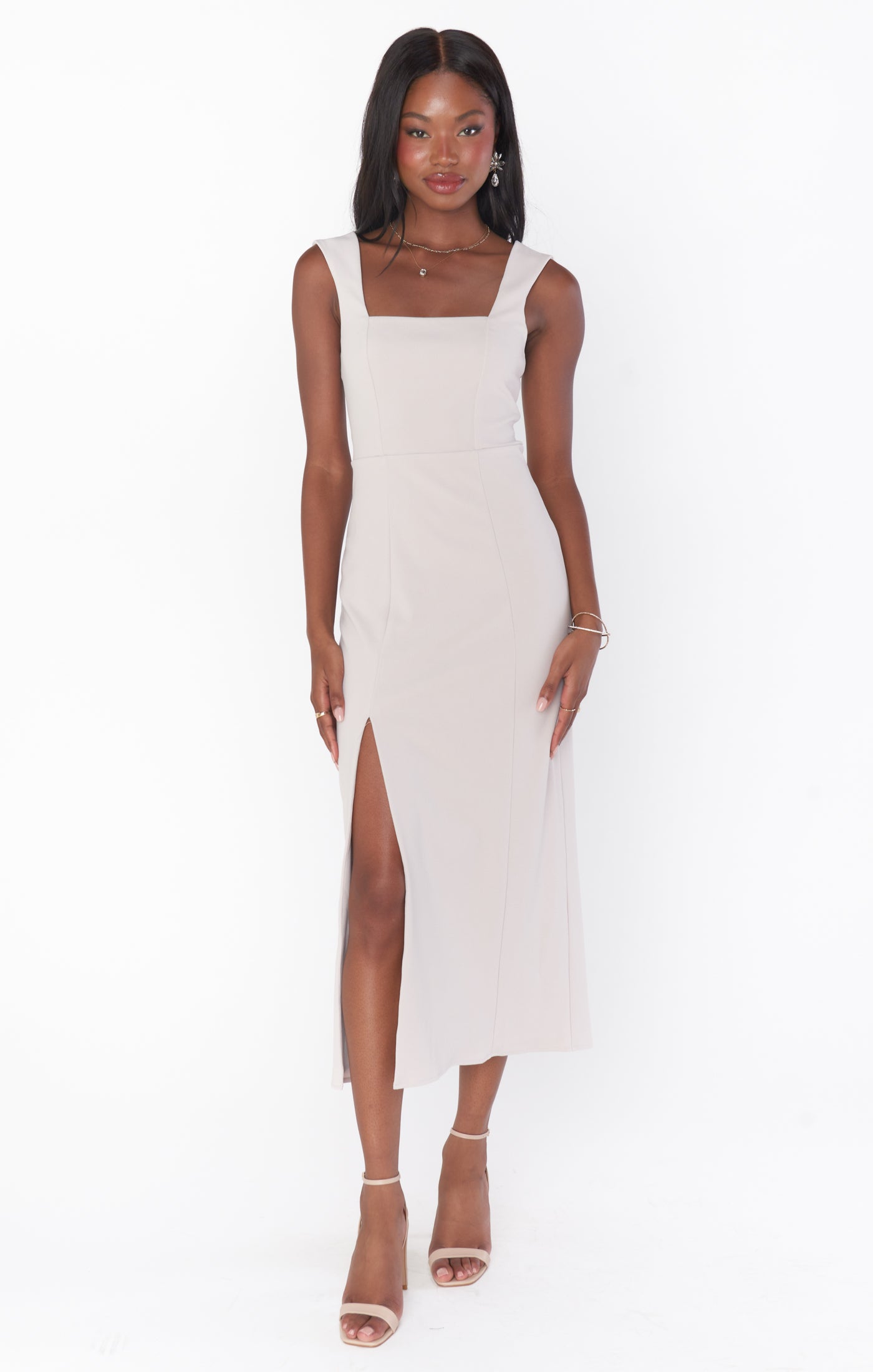 Fitted Midi Dress with Square Neck & Side Slit | Eden