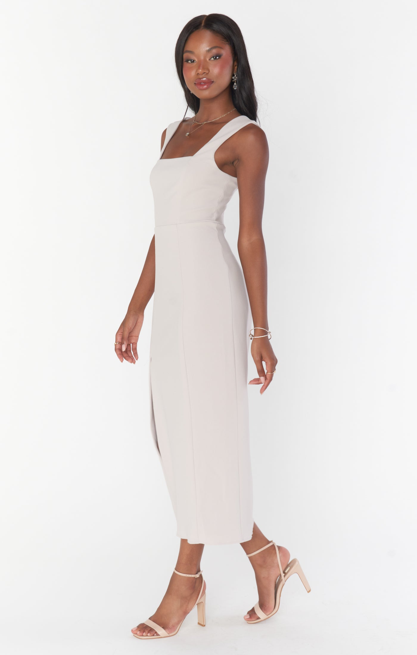 Fitted Midi Dress with Square Neck & Side Slit | Eden