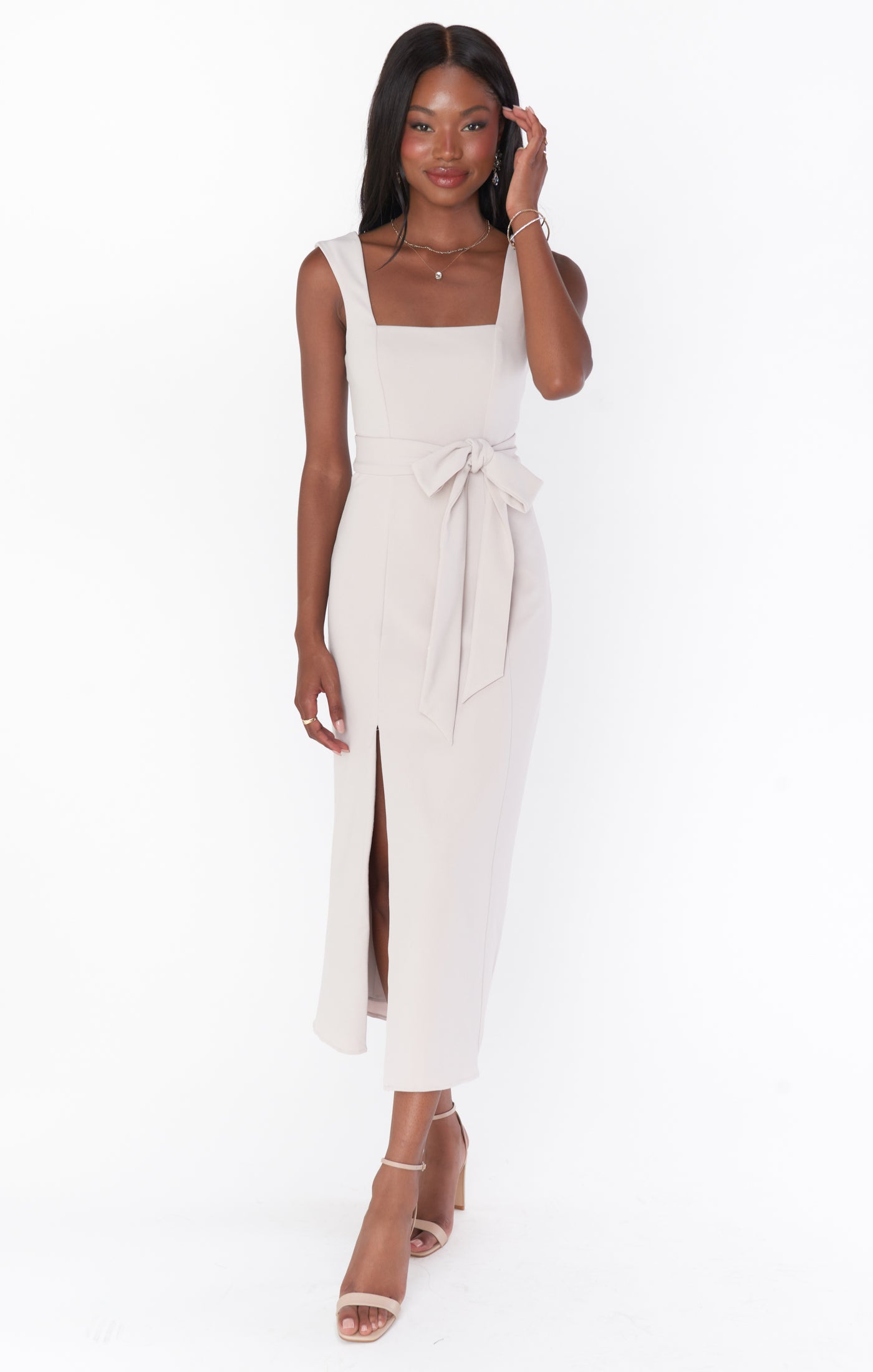 Fitted Midi Dress with Square Neck & Side Slit | Eden