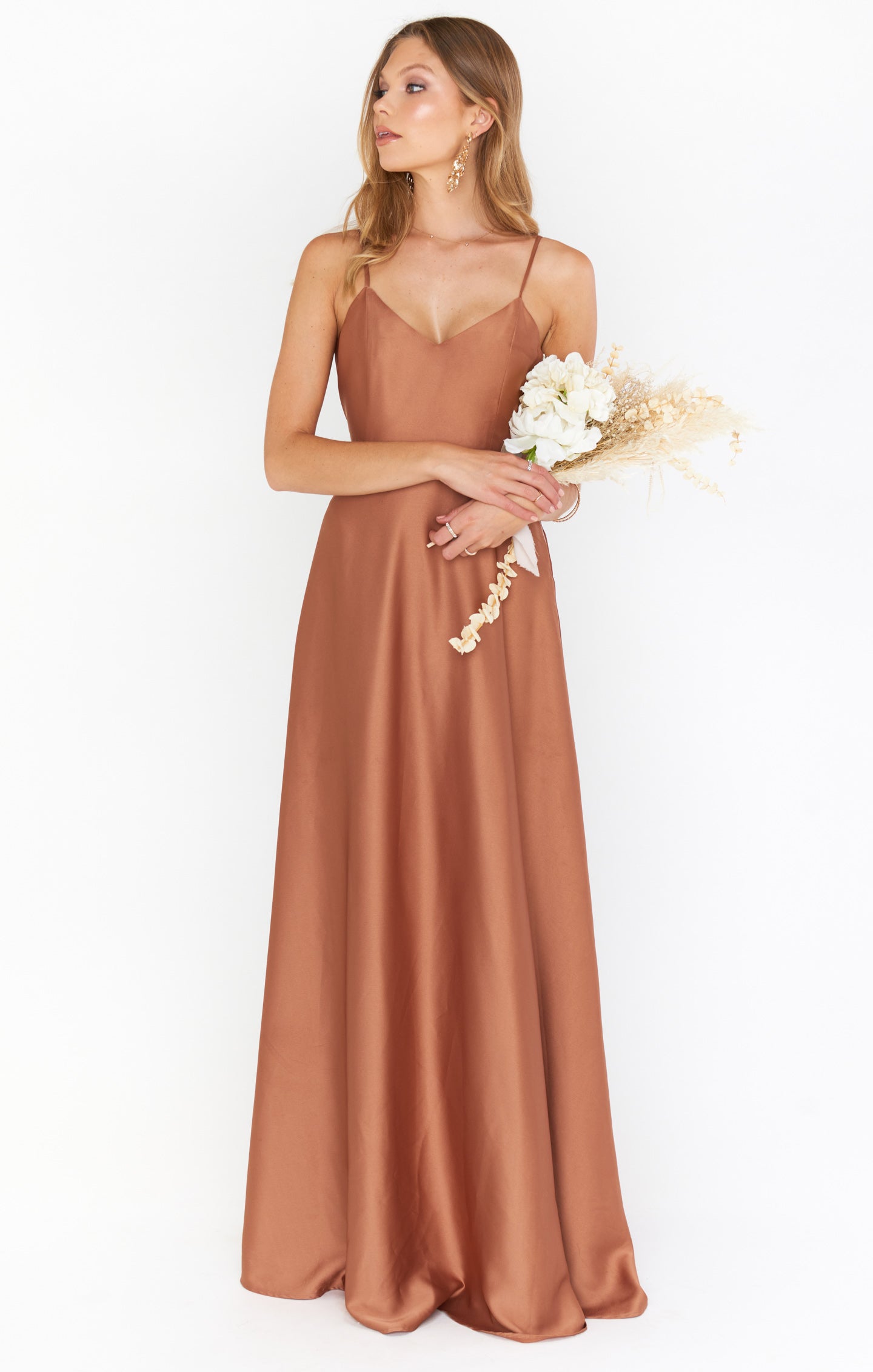 Elegant Maxi Dress with Fitted Bodice & Full Skirt | Faith Copper Luxe Satin