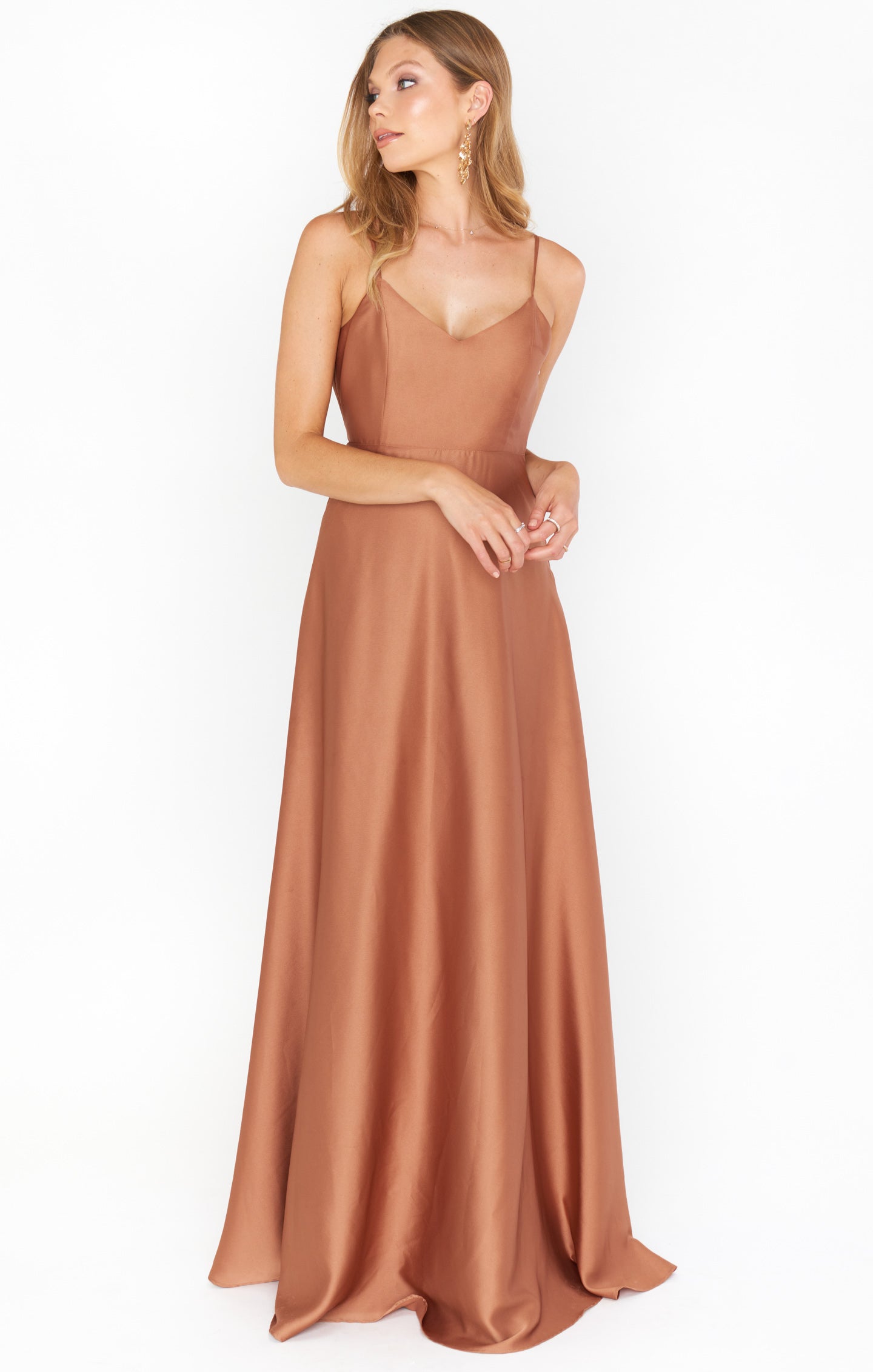 Elegant Maxi Dress with Fitted Bodice & Full Skirt | Faith Copper Luxe Satin