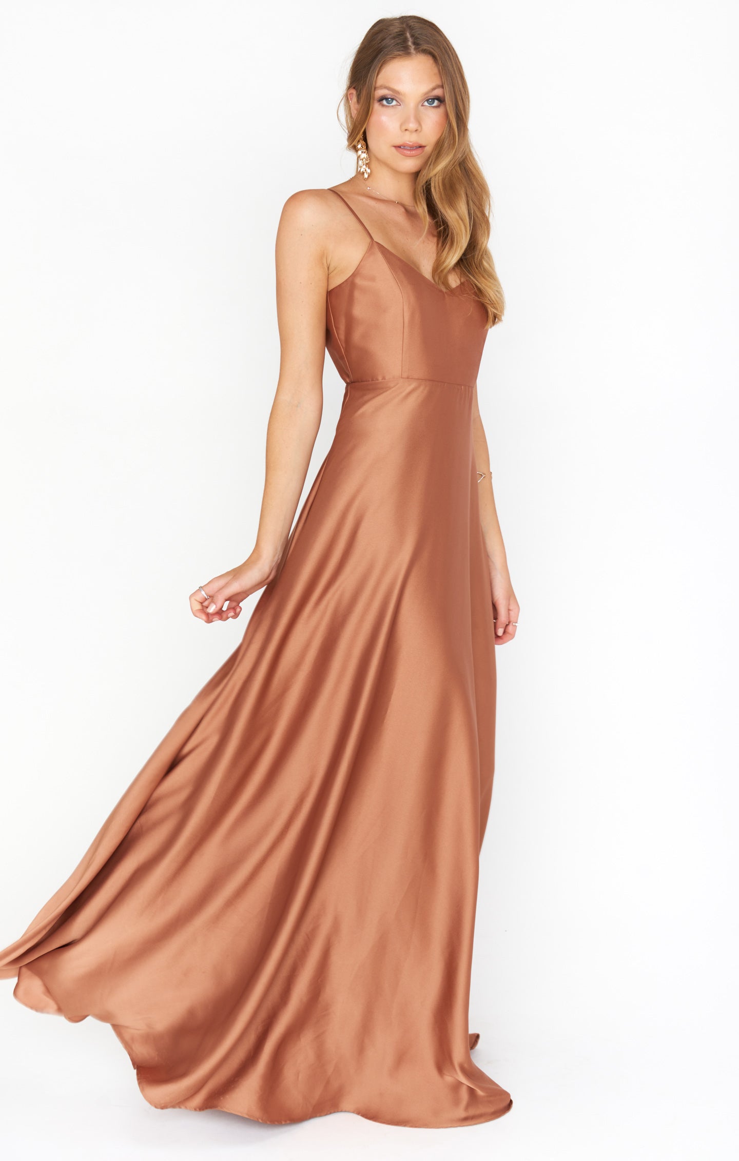 Elegant Maxi Dress with Fitted Bodice & Full Skirt | Faith Copper Luxe Satin