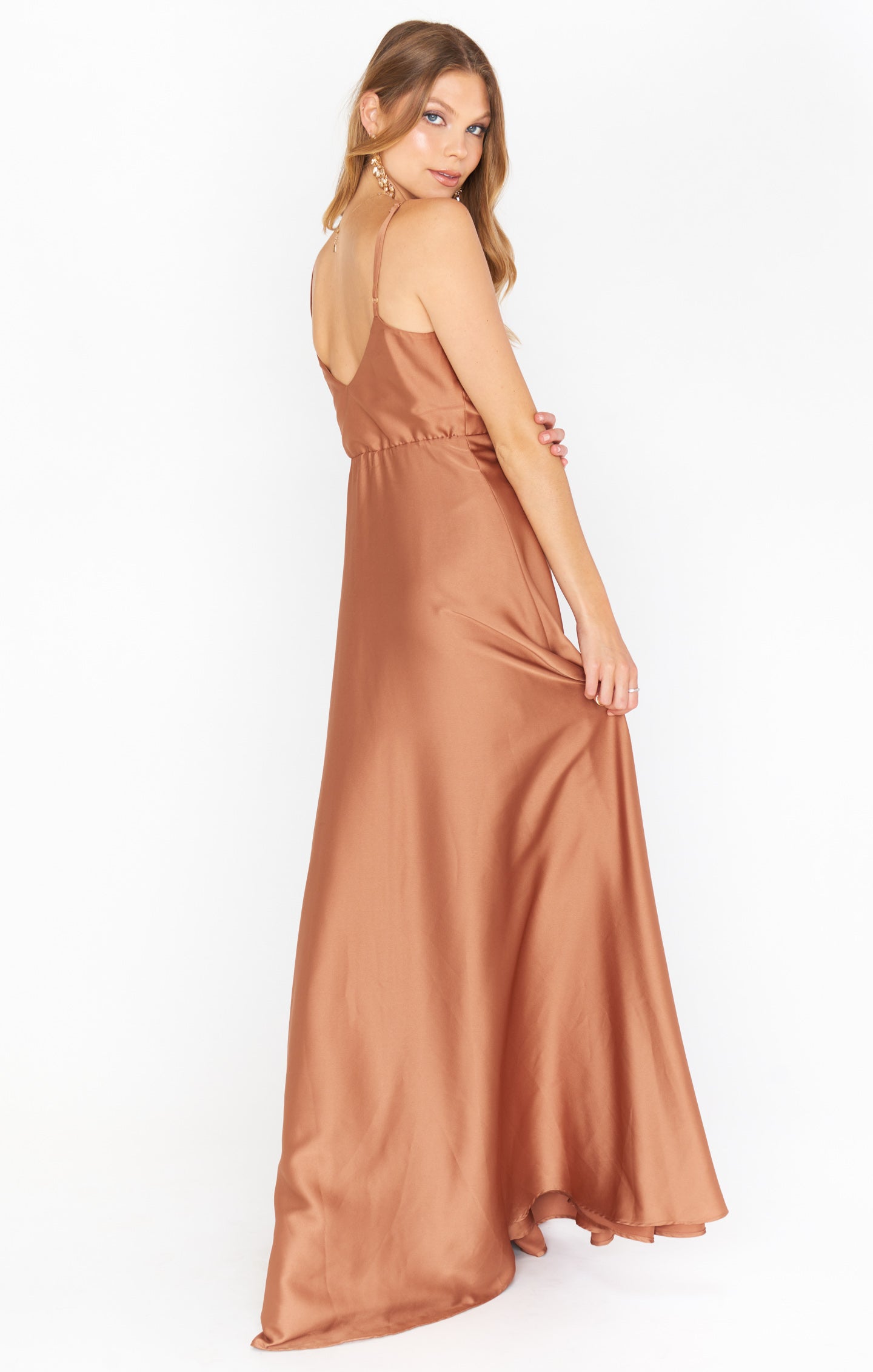 Elegant Maxi Dress with Fitted Bodice & Full Skirt | Faith Copper Luxe Satin