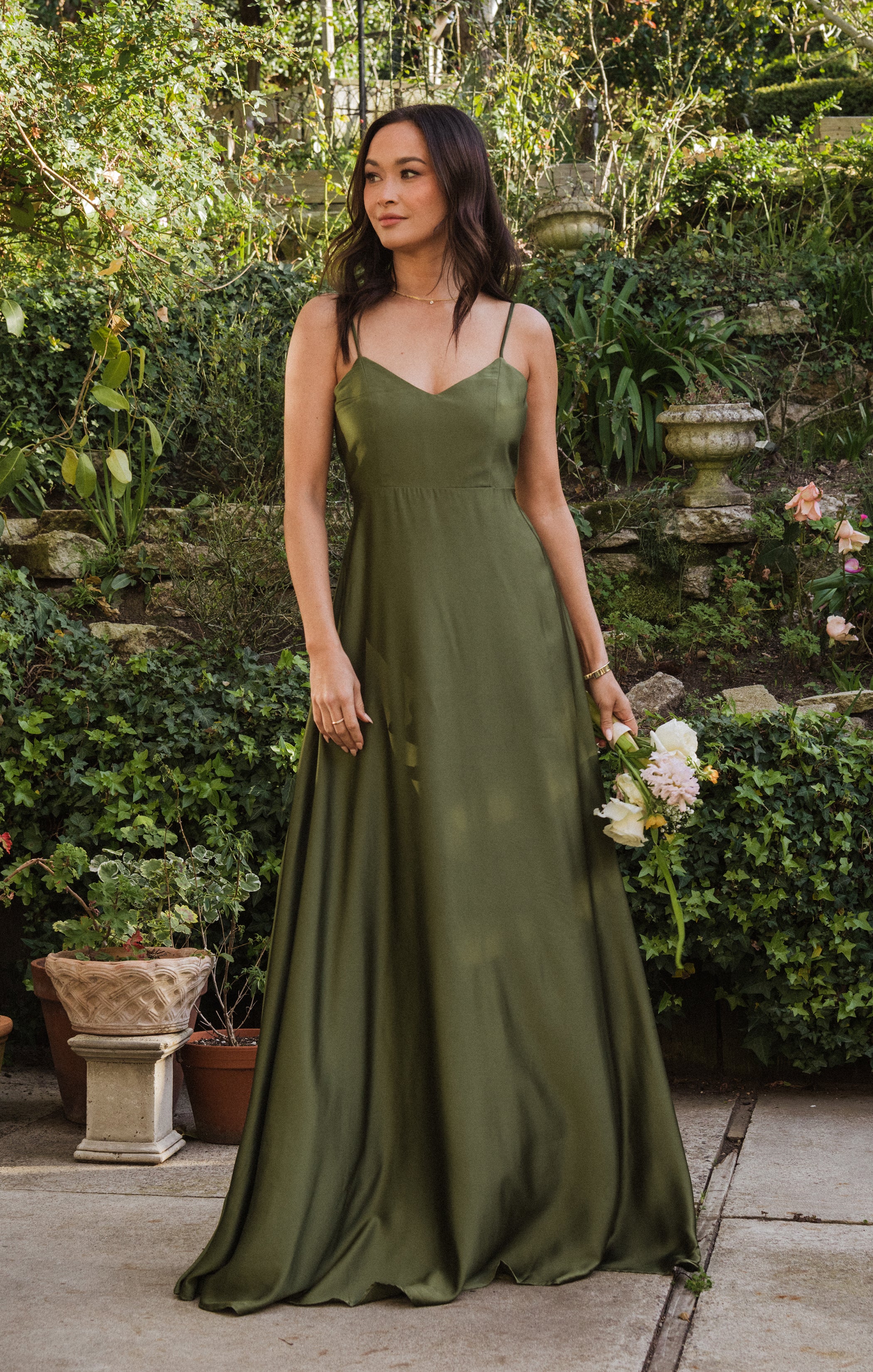 Elegant Olive Satin Maxi Dress for Bridesmaids | Faith