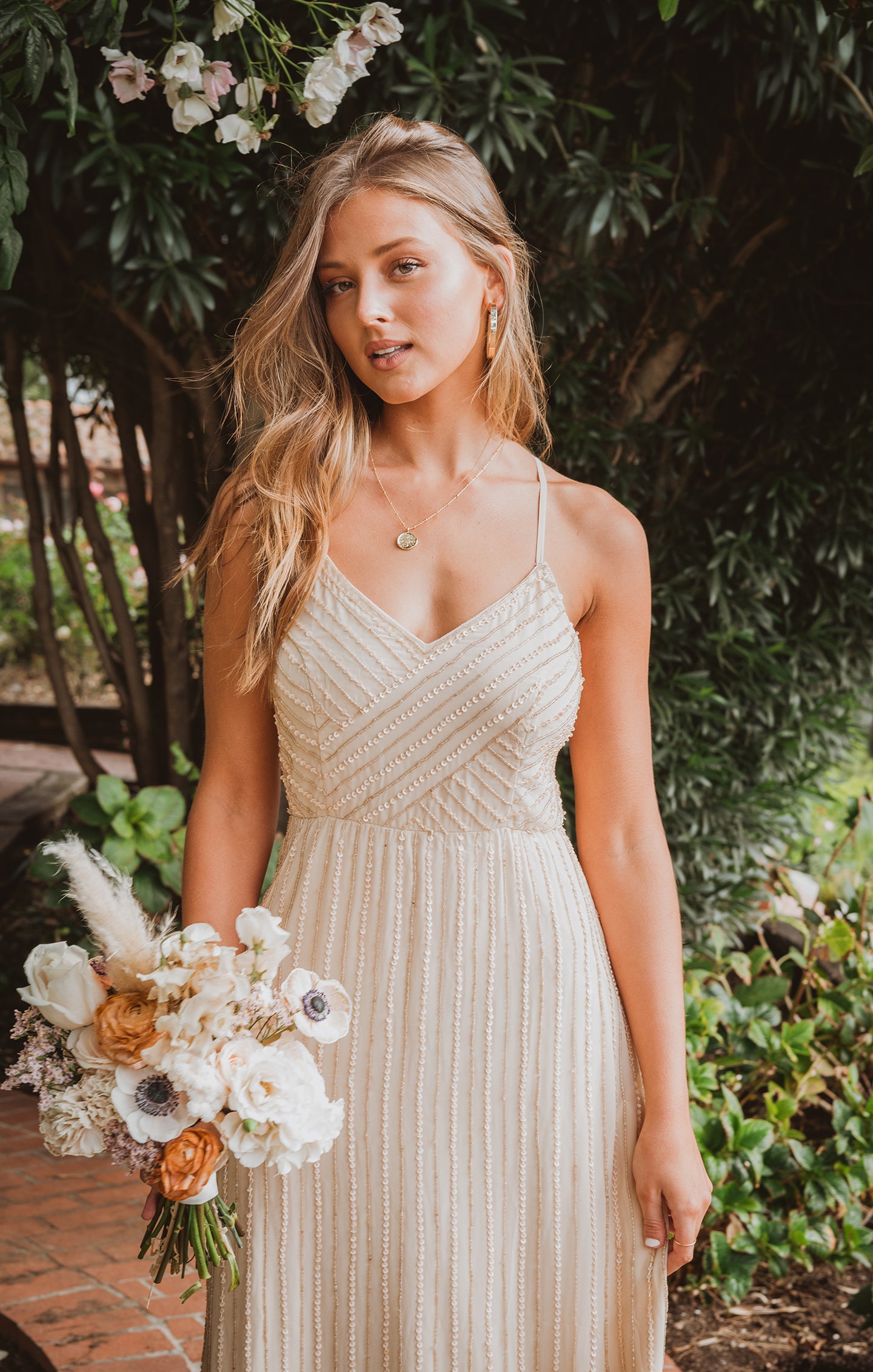 Champagne Beaded Gala Gown with V-Neck & Low Back | Gala