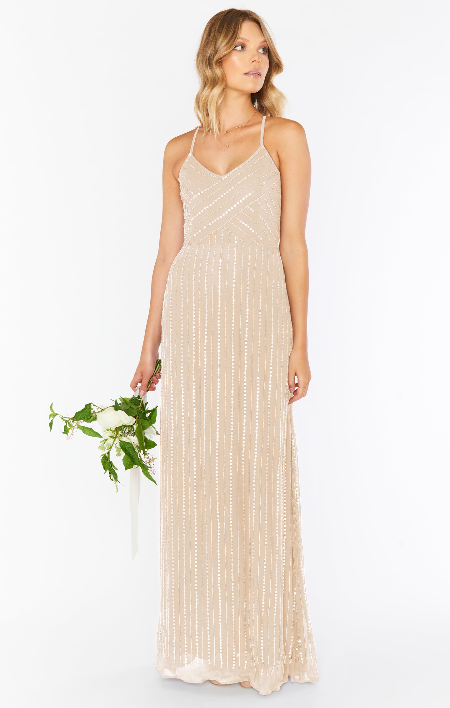 Champagne Beaded Gala Gown with V-Neck & Low Back | Gala