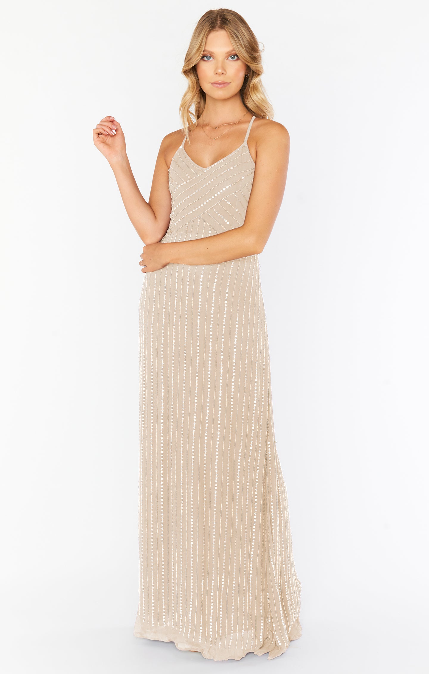 Champagne Beaded Gala Gown with V-Neck & Low Back | Gala