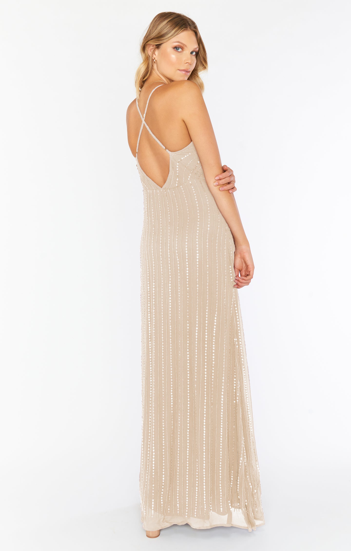 Champagne Beaded Gala Gown with V-Neck & Low Back | Gala