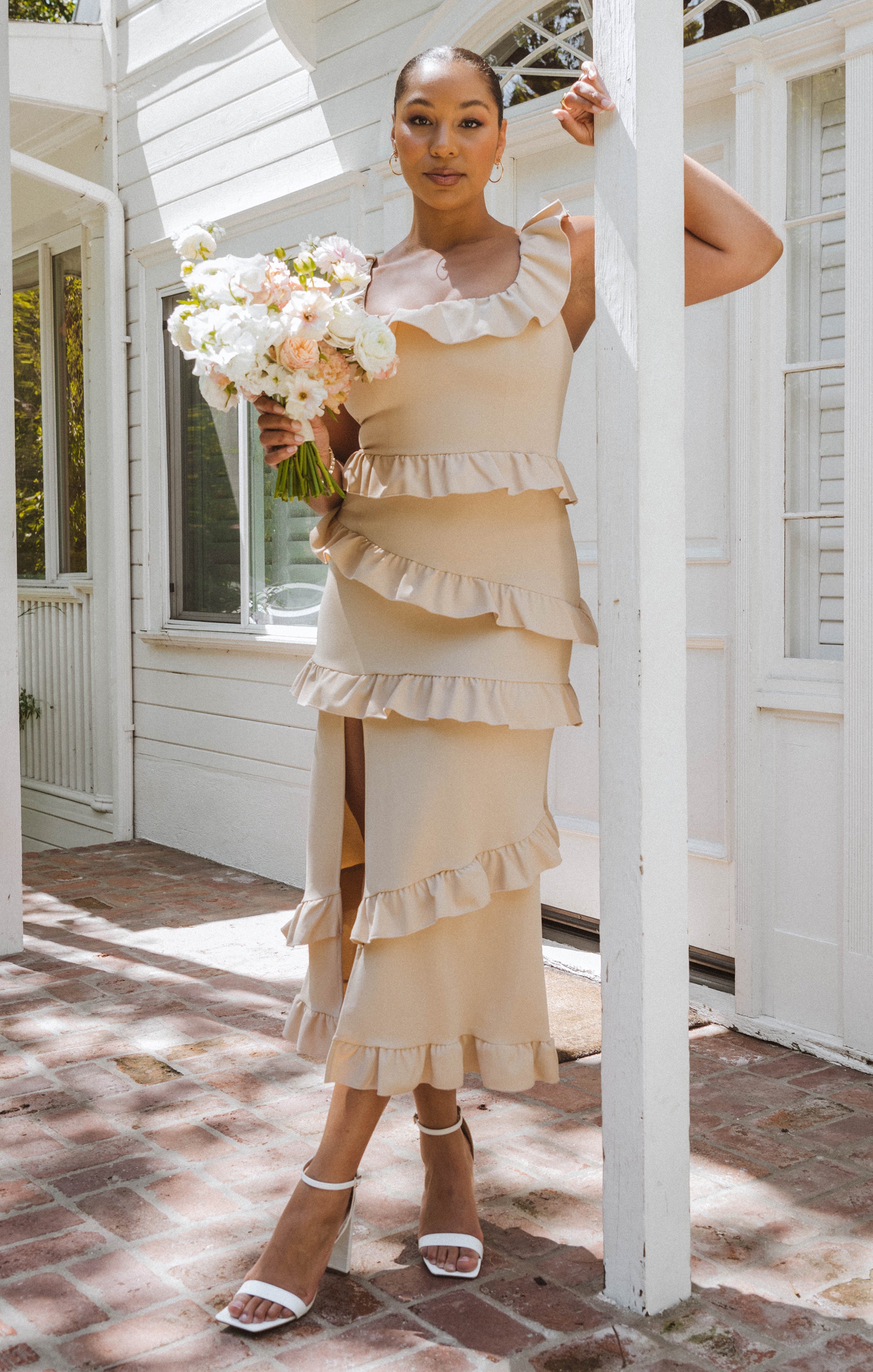Champagne Ruffled Midi Dress with Square Neckline | Greta Dress