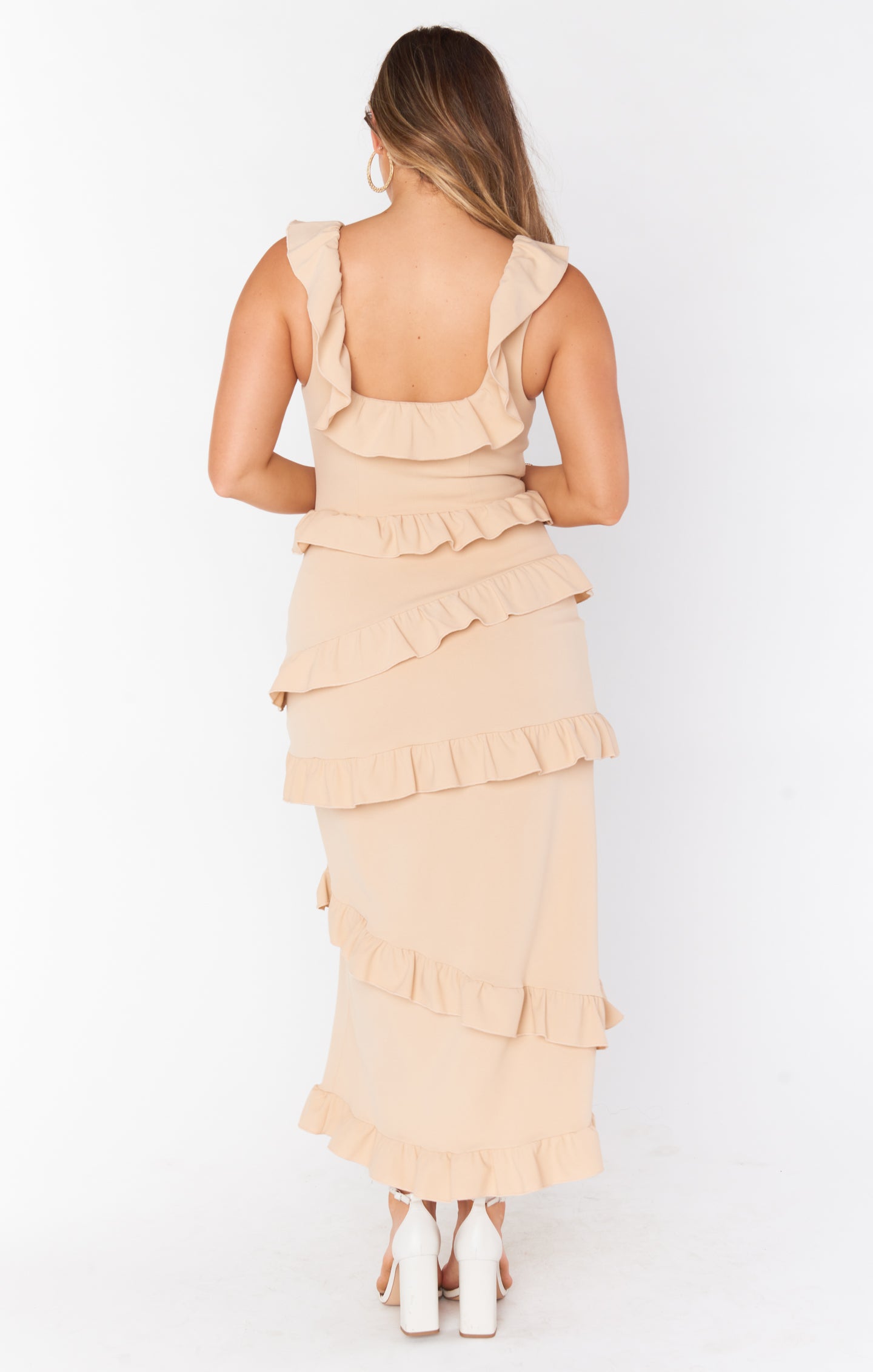 Champagne Ruffled Midi Dress with Square Neckline | Greta Dress