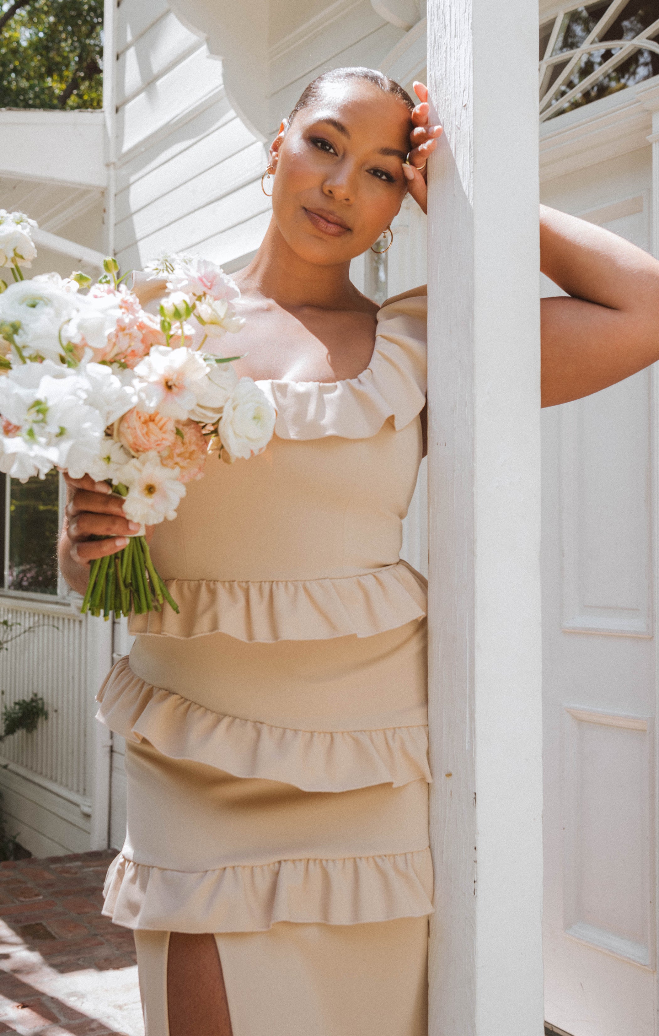 Champagne Ruffled Midi Dress with Square Neckline | Greta Dress