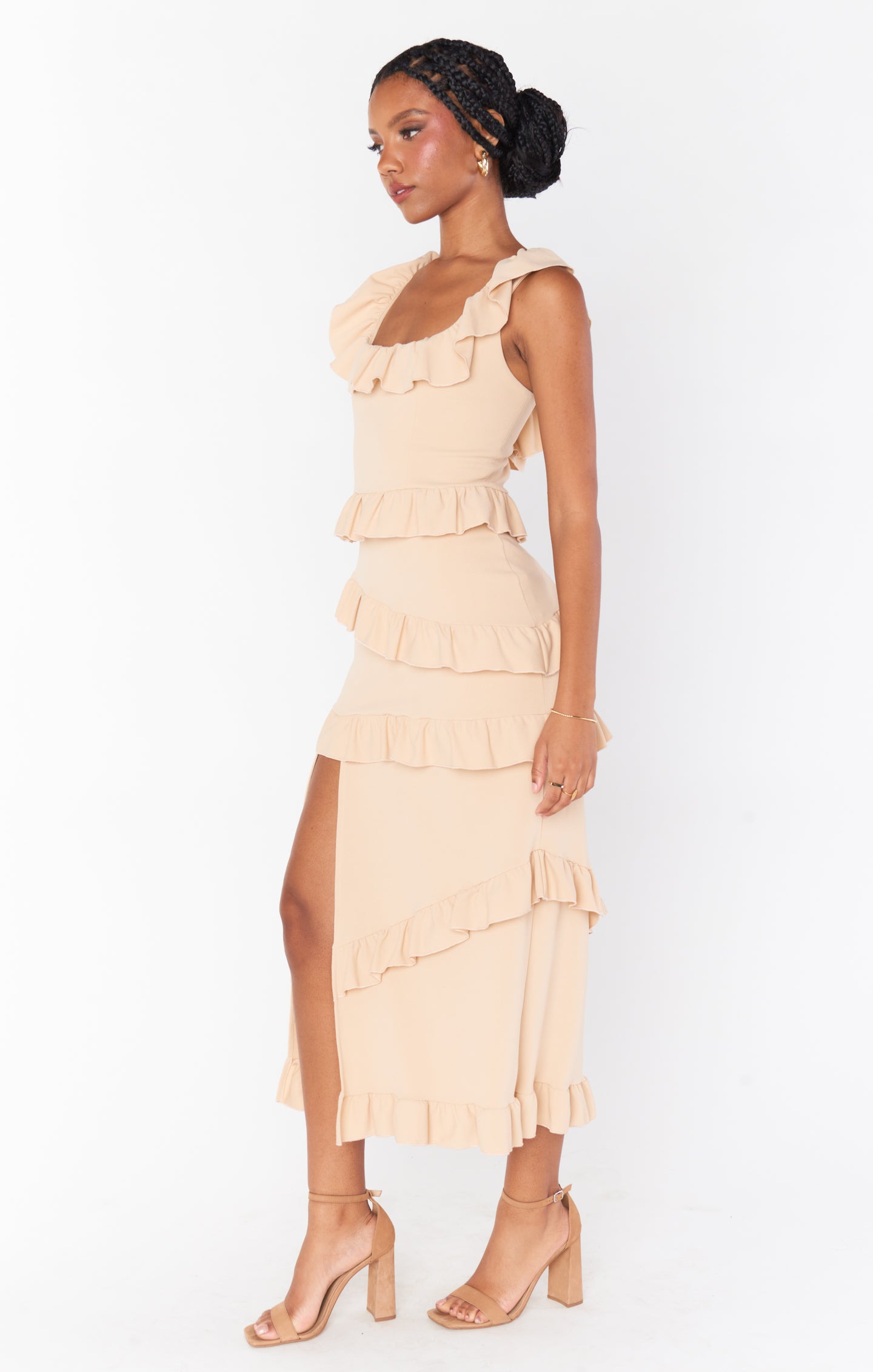 Champagne Ruffled Midi Dress with Square Neckline | Greta Dress