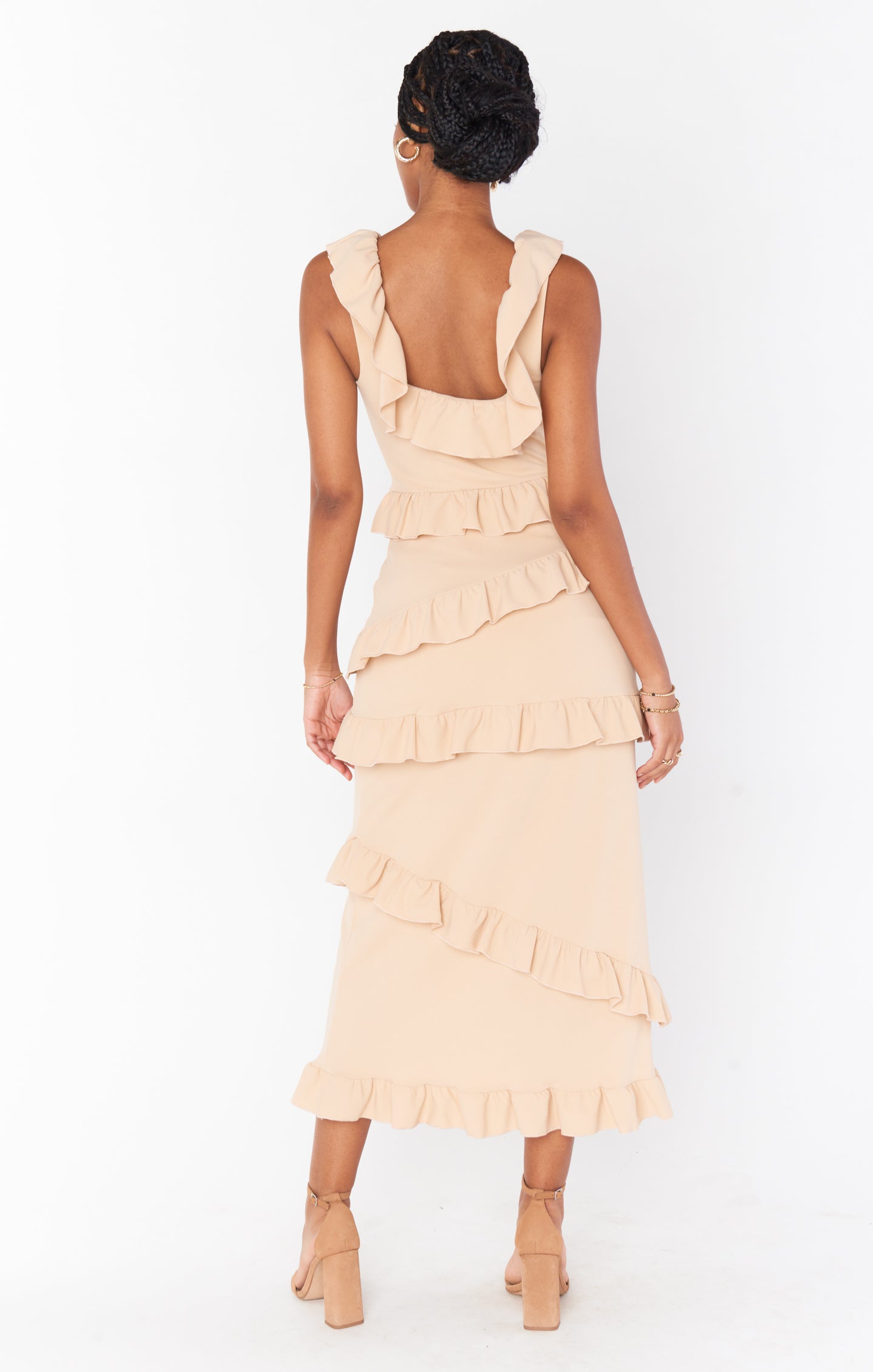 Champagne Ruffled Midi Dress with Square Neckline | Greta Dress